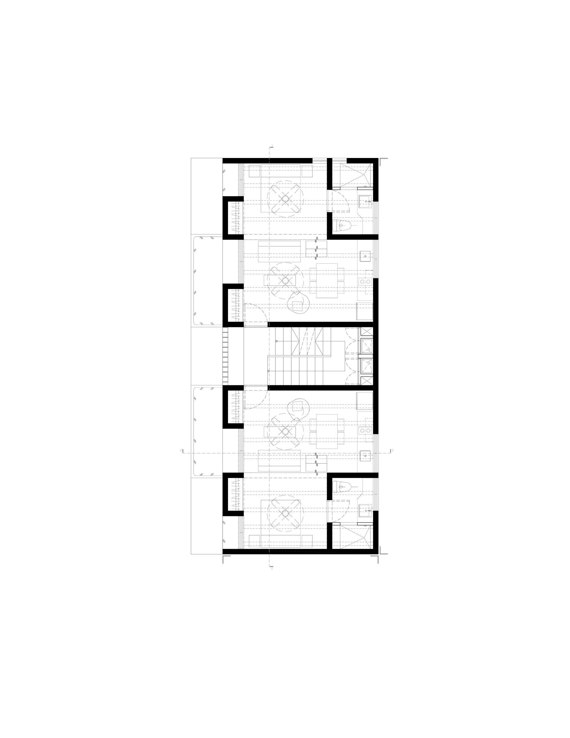 Floor plan drawing showing three stacked residential units with shared central stairwell and side bathrooms