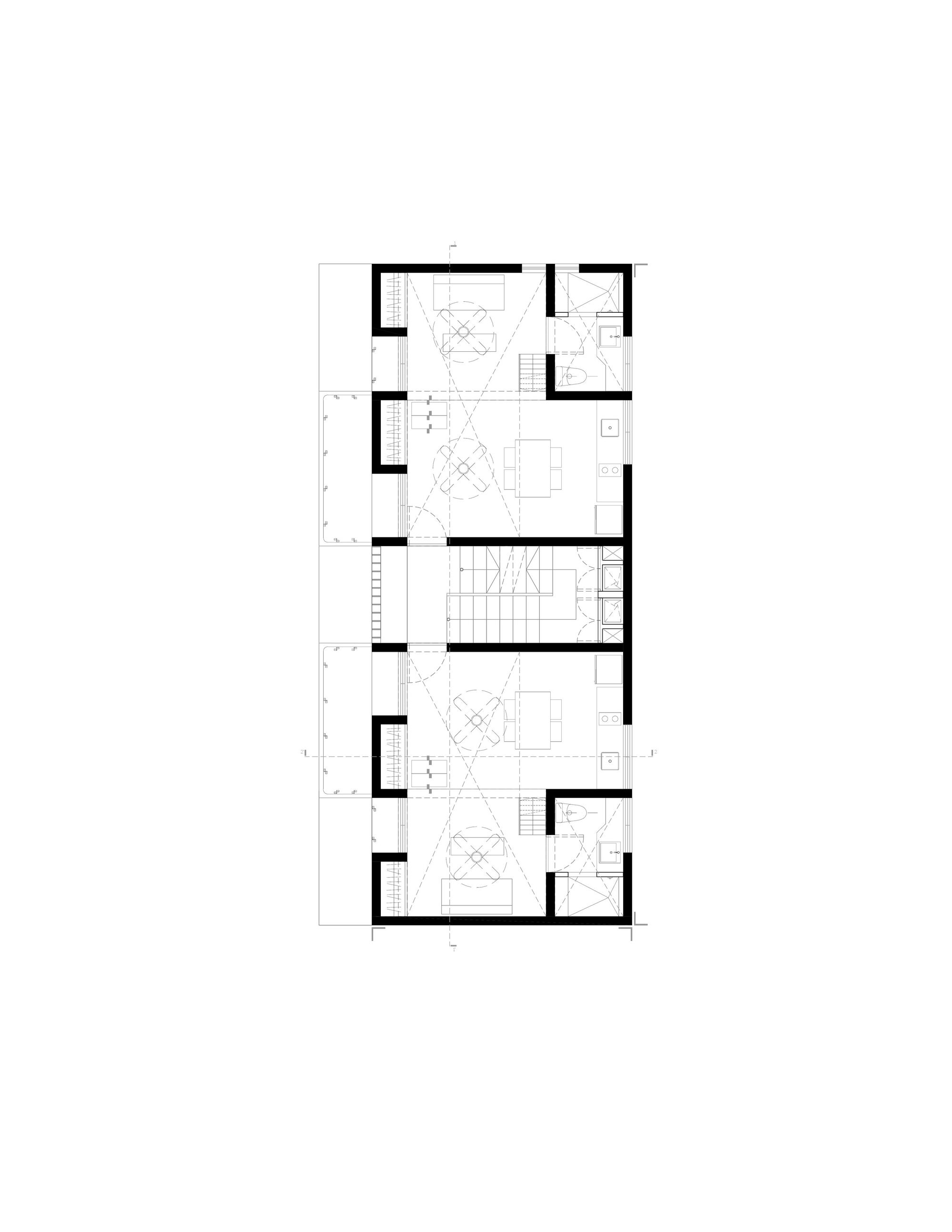 Floor plan drawing depicting three-level dwelling with central circulation spine and flanking rooms