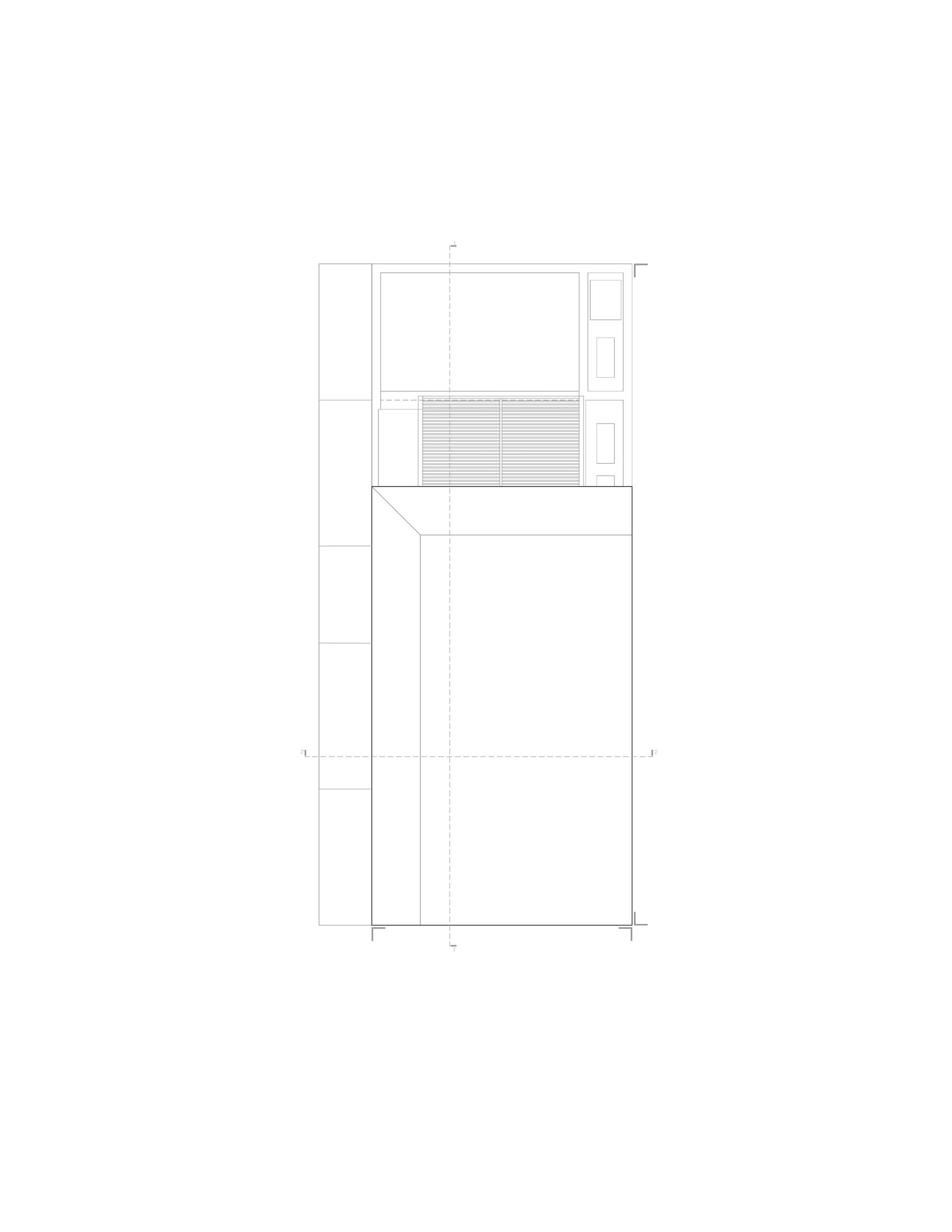 Elevation drawing displaying narrow street facade with upper louvered section and projecting volume