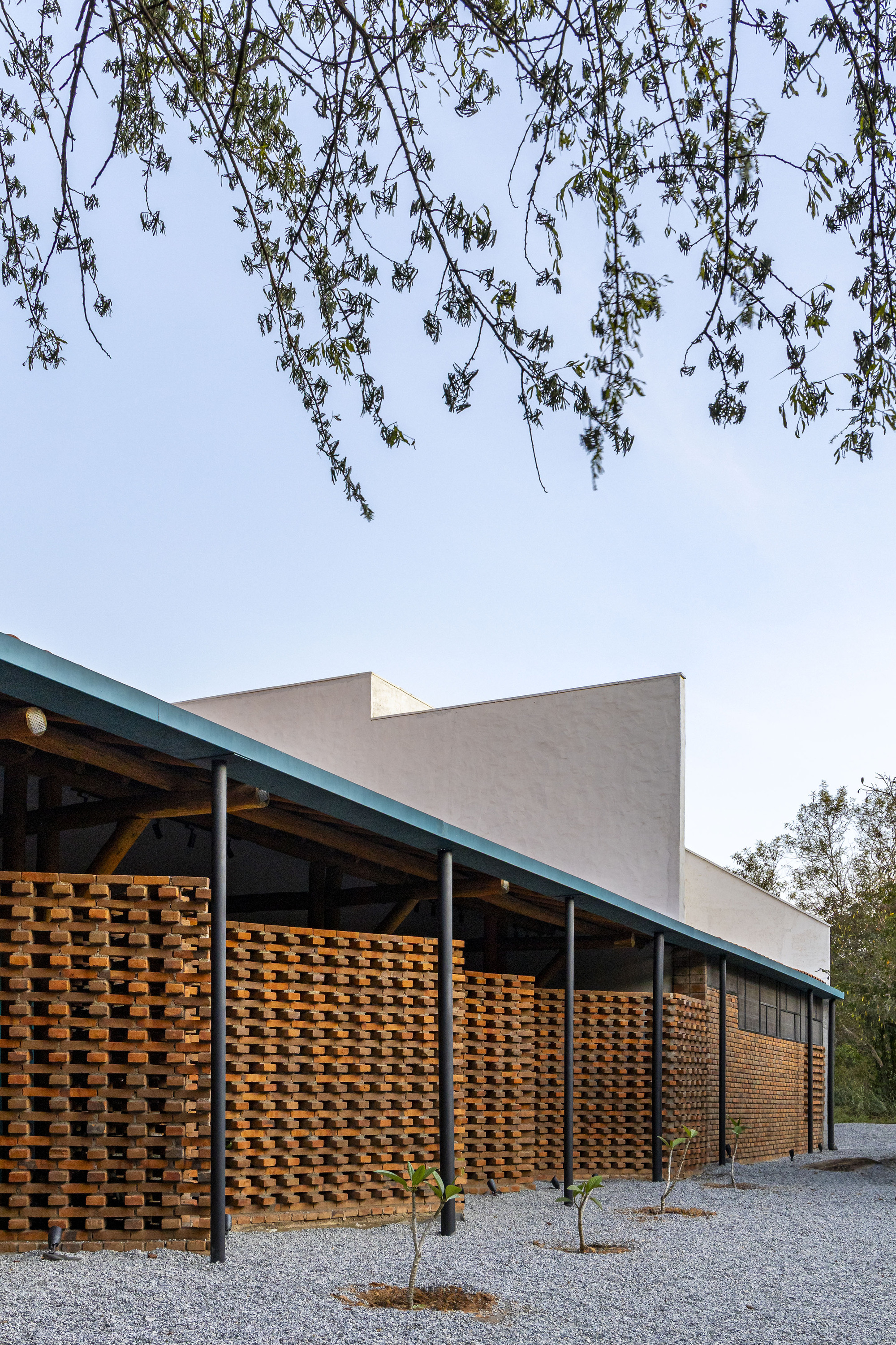 Angled facade with perforated brick screen beneath sloped roof and overhanging tree branches at dusk