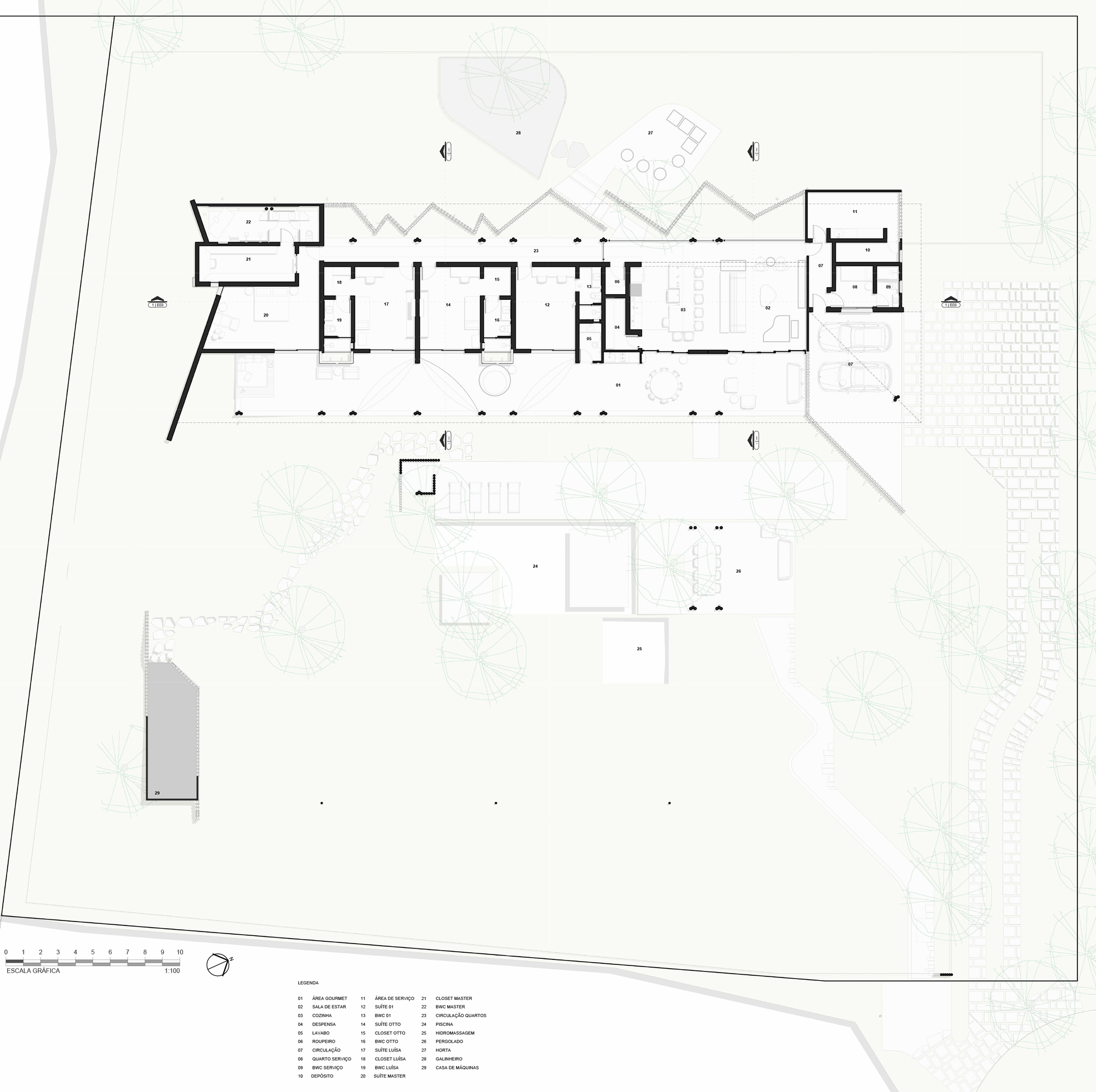 Floor plan drawing showing linear arrangement of rooms with sawtooth roof and pool courtyard below