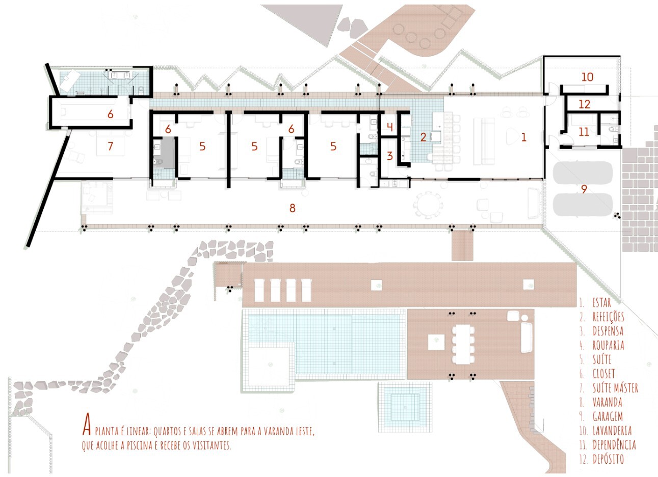 Floor plan drawing showing residential suites, shared spaces, pool terrace, and annotated room labels
