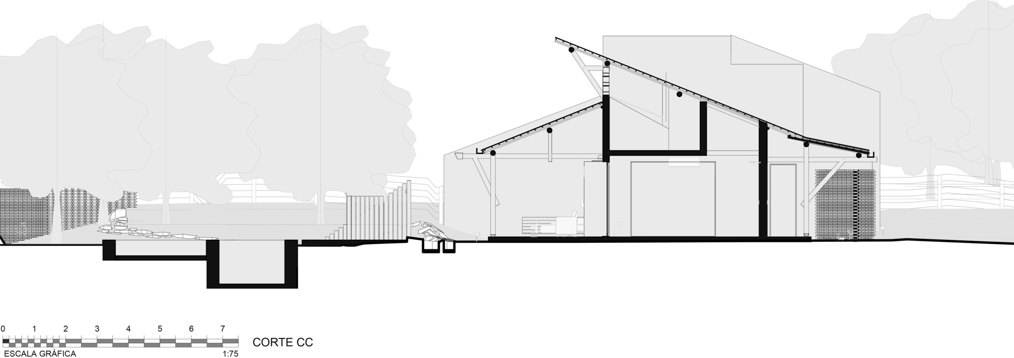 Section drawing revealing sloped roof structure with clerestory windows and surrounding trees