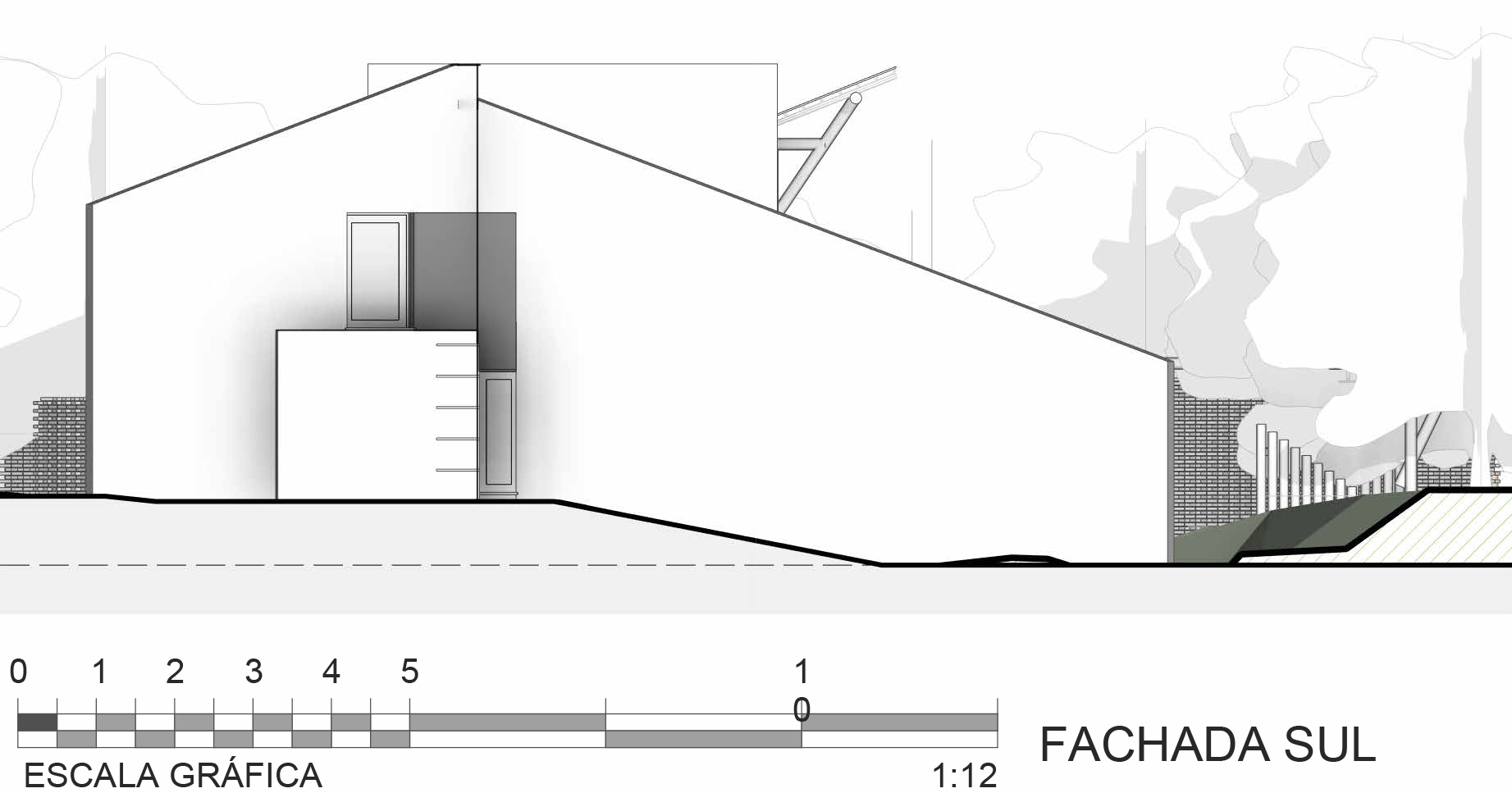 South elevation drawing depicting low-slung forms with brick base and sloping terrain