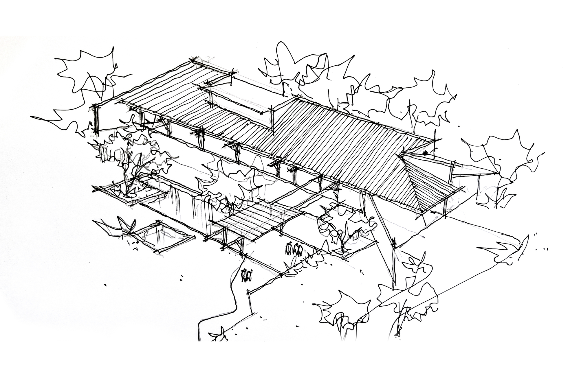 Axonometric sketch showing pitched roof pavilions surrounded by trees and landscape