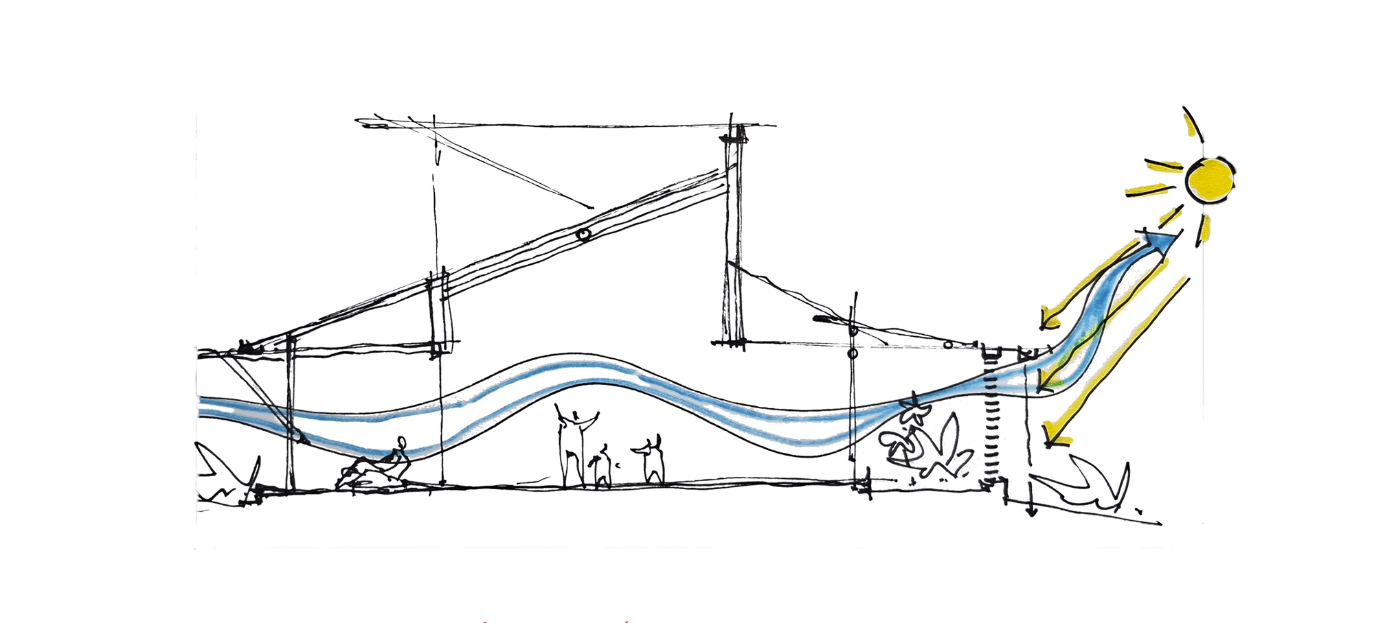 Section drawing illustrating the curved interior volume with structural frame and natural ventilation strategy