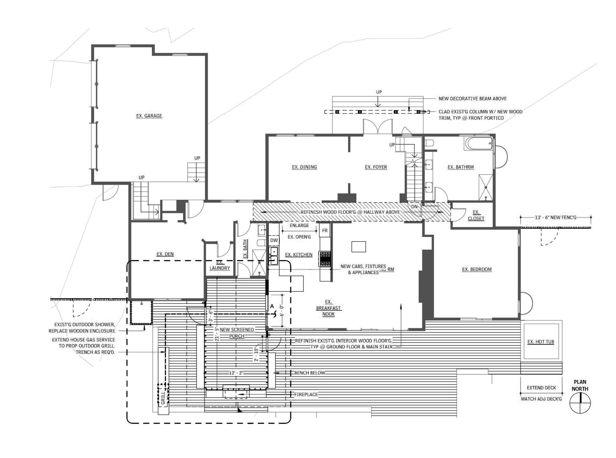 Floor plan drawing showing the addition connecting garage, dining room, kitchen and new screened deck