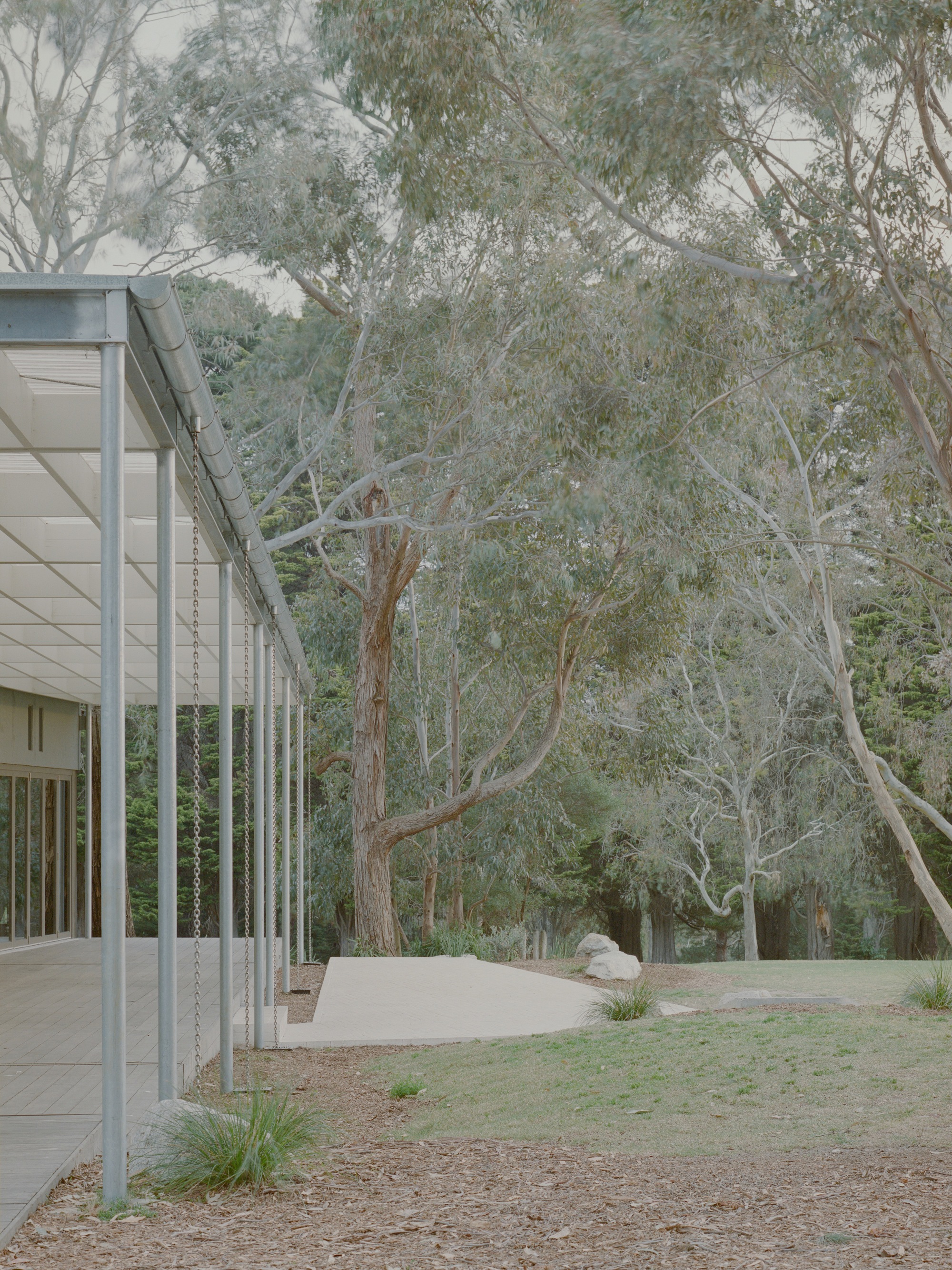 Corner of glazed pavilion with chain detail on columns and eucalyptus trees in morning mist