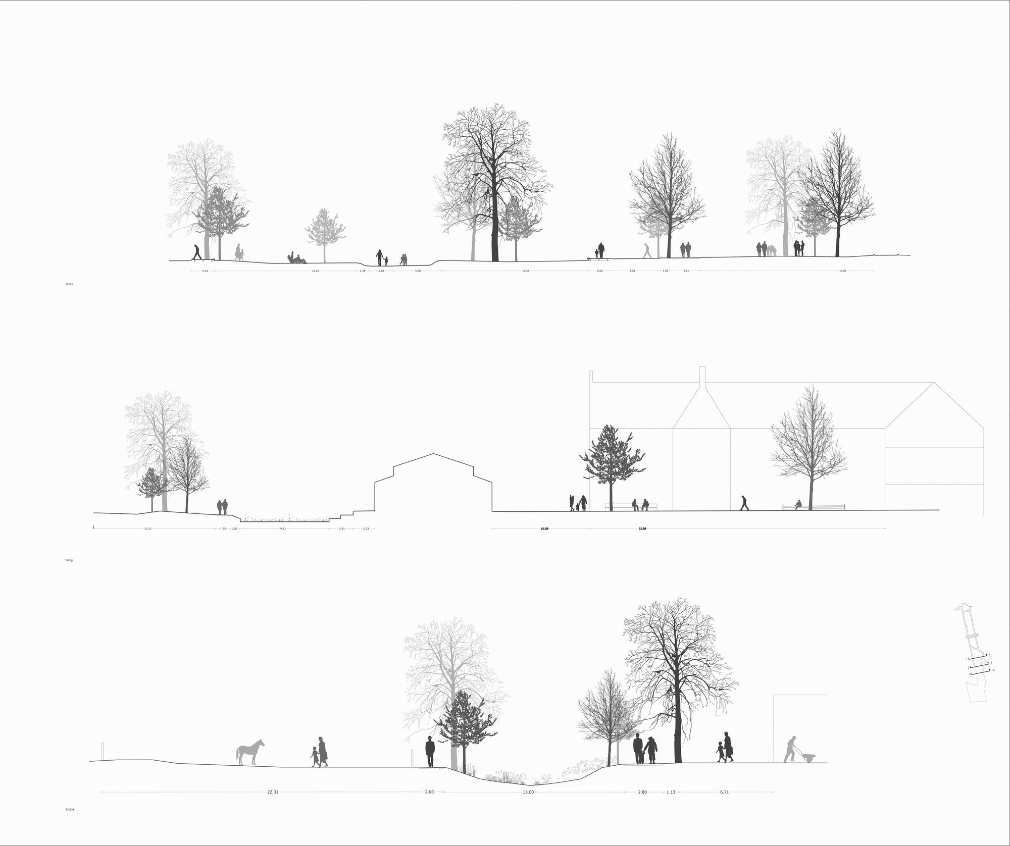 Section drawings depicting pedestrians, trees and low pavilion volumes across gently sloping terrain