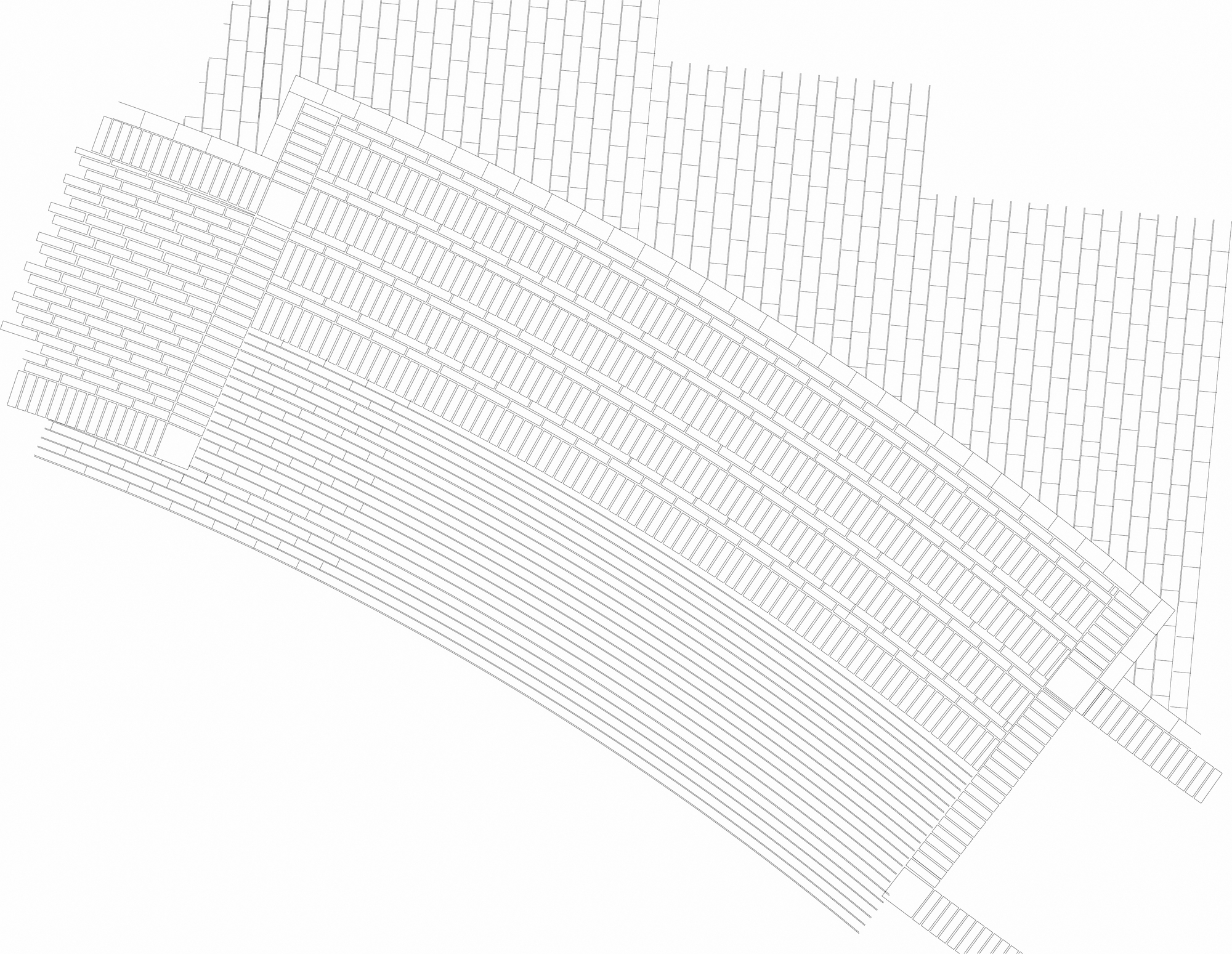 Axonometric drawing of the layered curved roof structure revealing its segmented construction and timber framing
