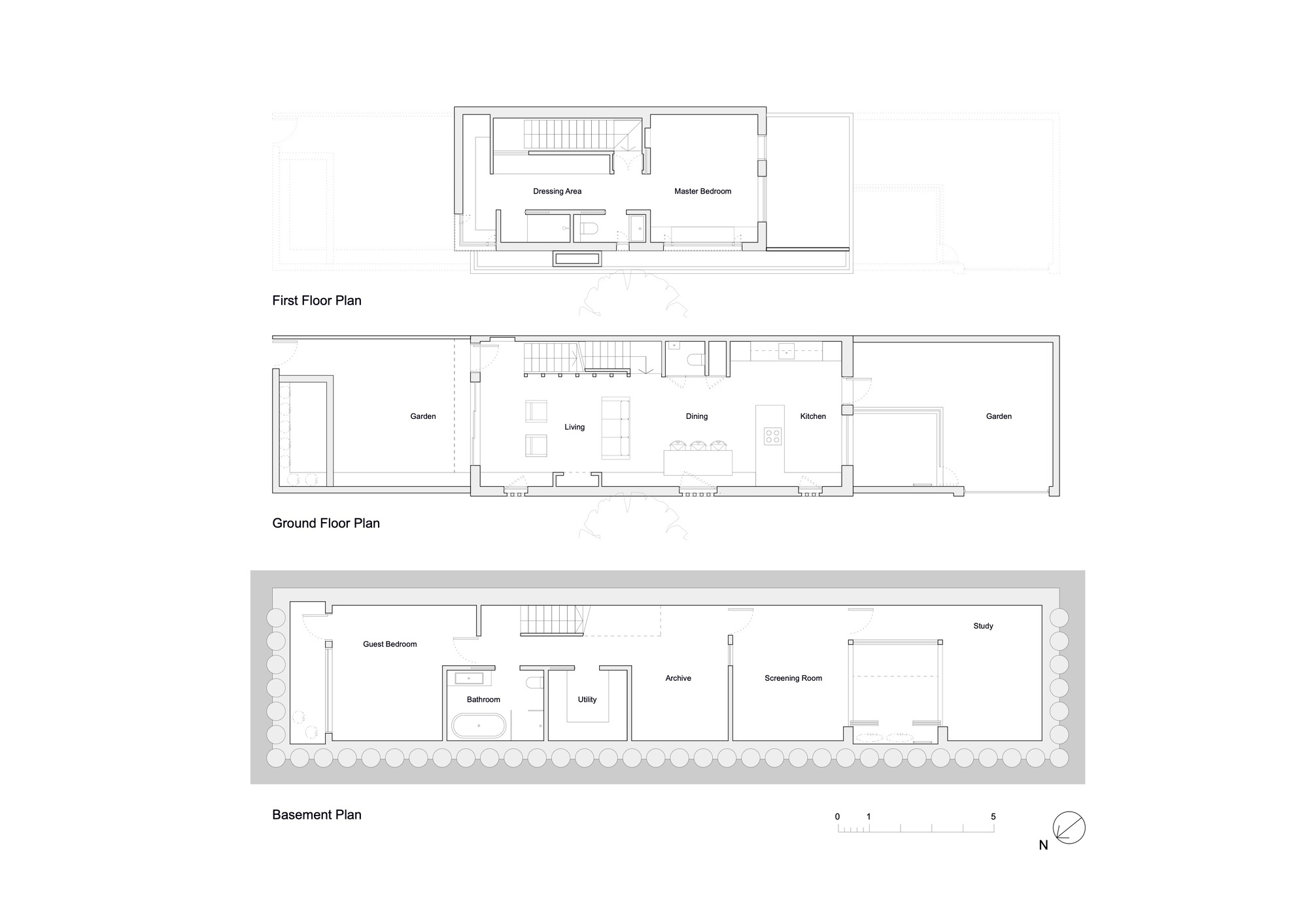 Floor plans showing basement, ground floor and first floor layouts with labeled rooms and central staircase