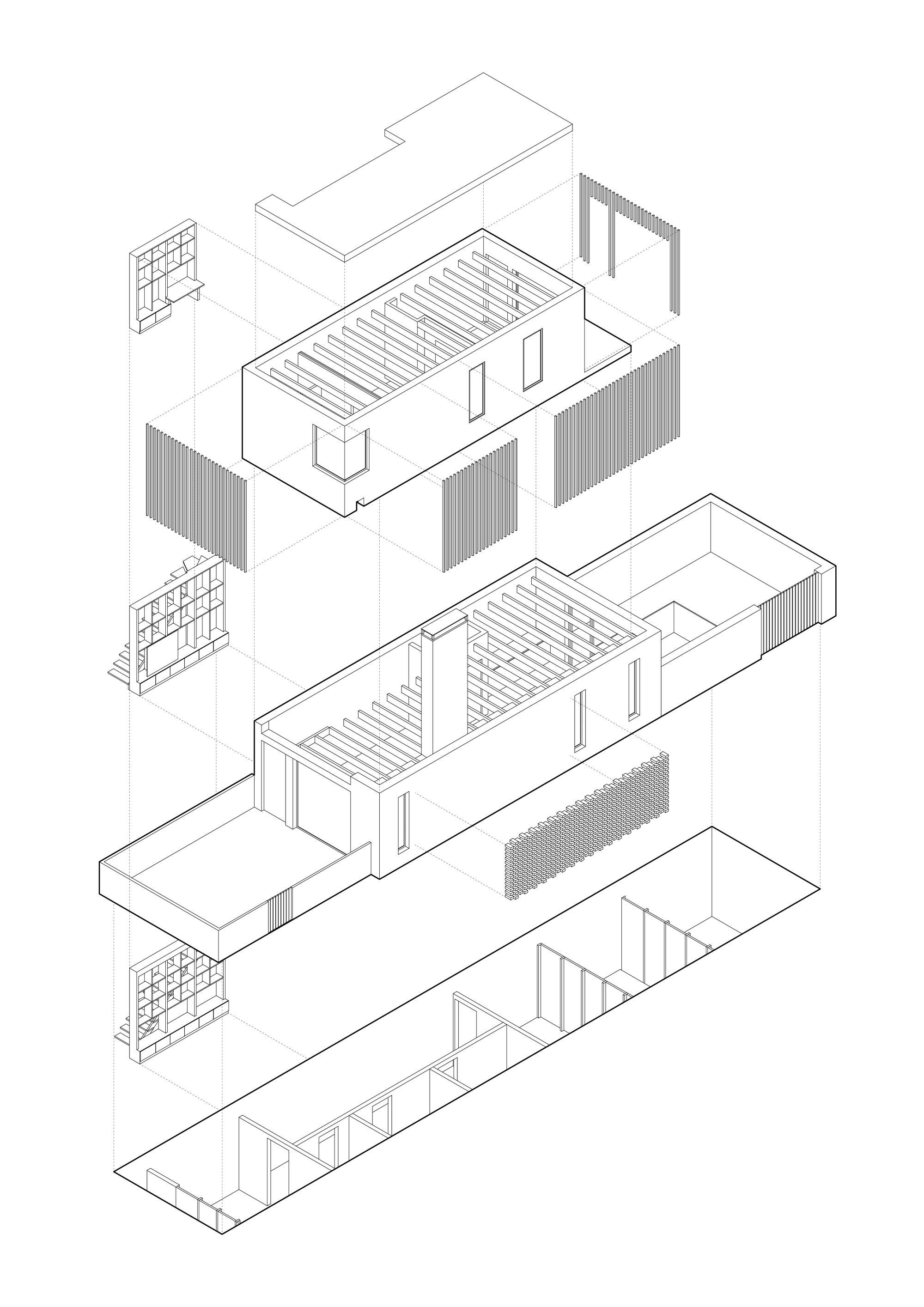 Exploded axonometric drawing separating three levels showing roof structure, screening elements and interior organization