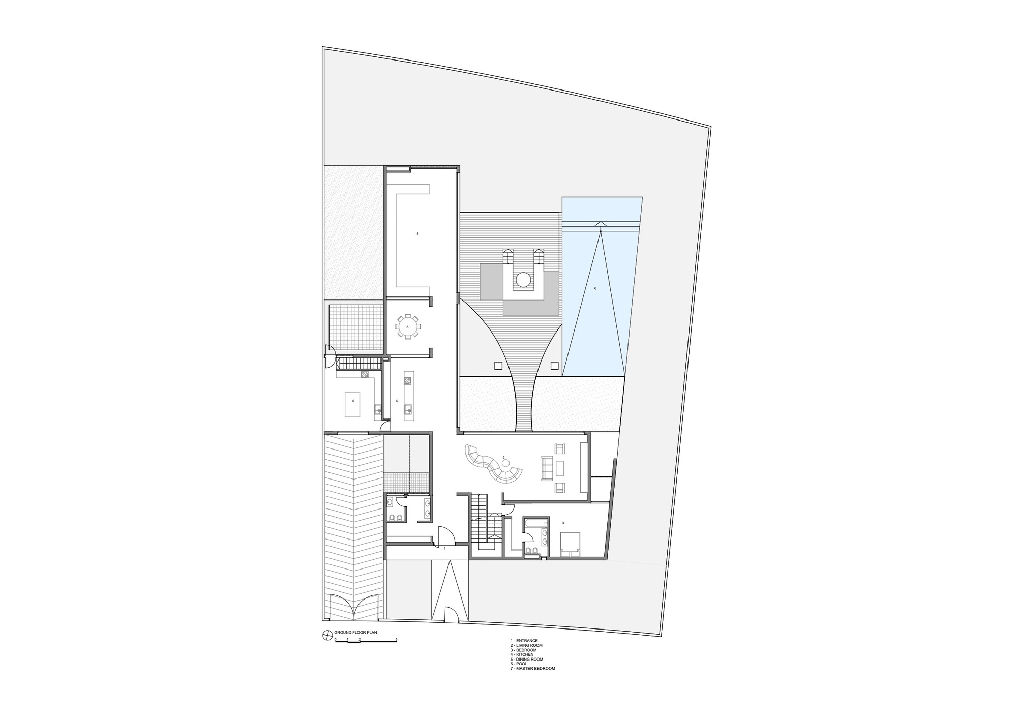 Floor plan drawing showing an angled site with pool, terraces, and interior rooms