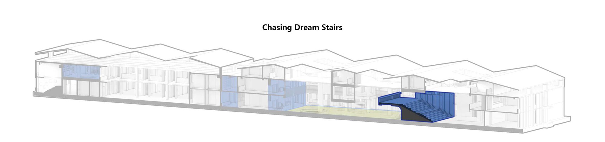 Longitudinal section drawing showing a blue staircase volume extending from the building's undulating roofline