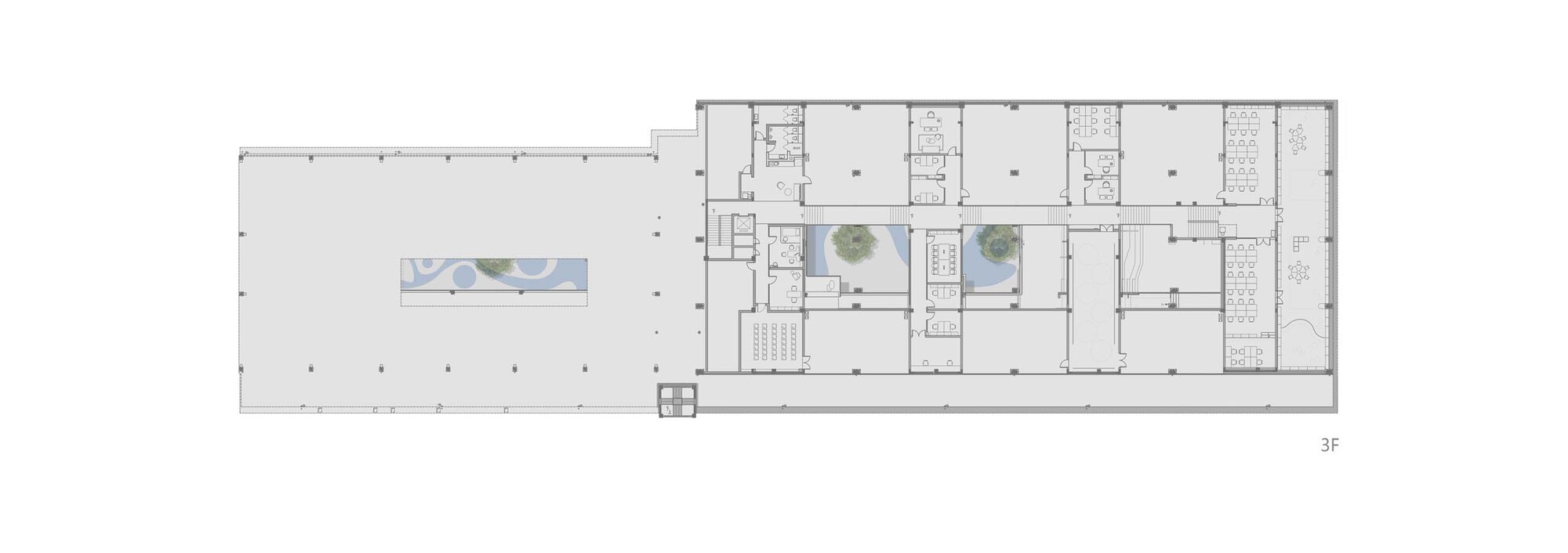 Floor plan drawing showing an open hall adjacent to smaller rooms with two planted courtyards