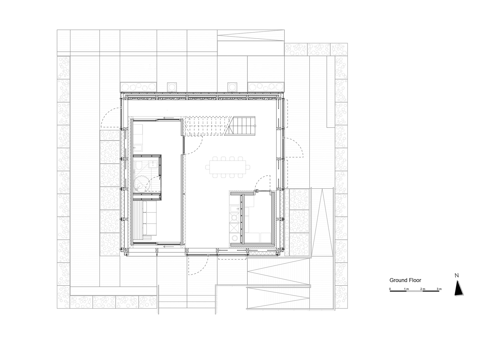 Ground floor plan drawing showing compact square footprint with stair, kitchen and open living area