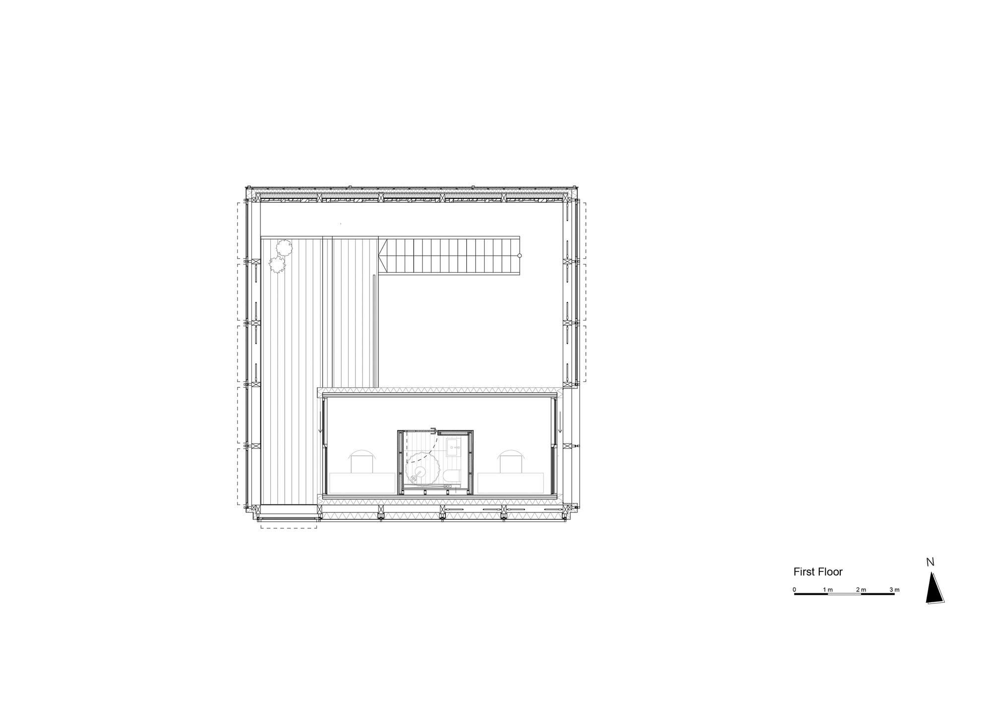 First floor plan drawing depicting upper level with sleeping area and storage zones