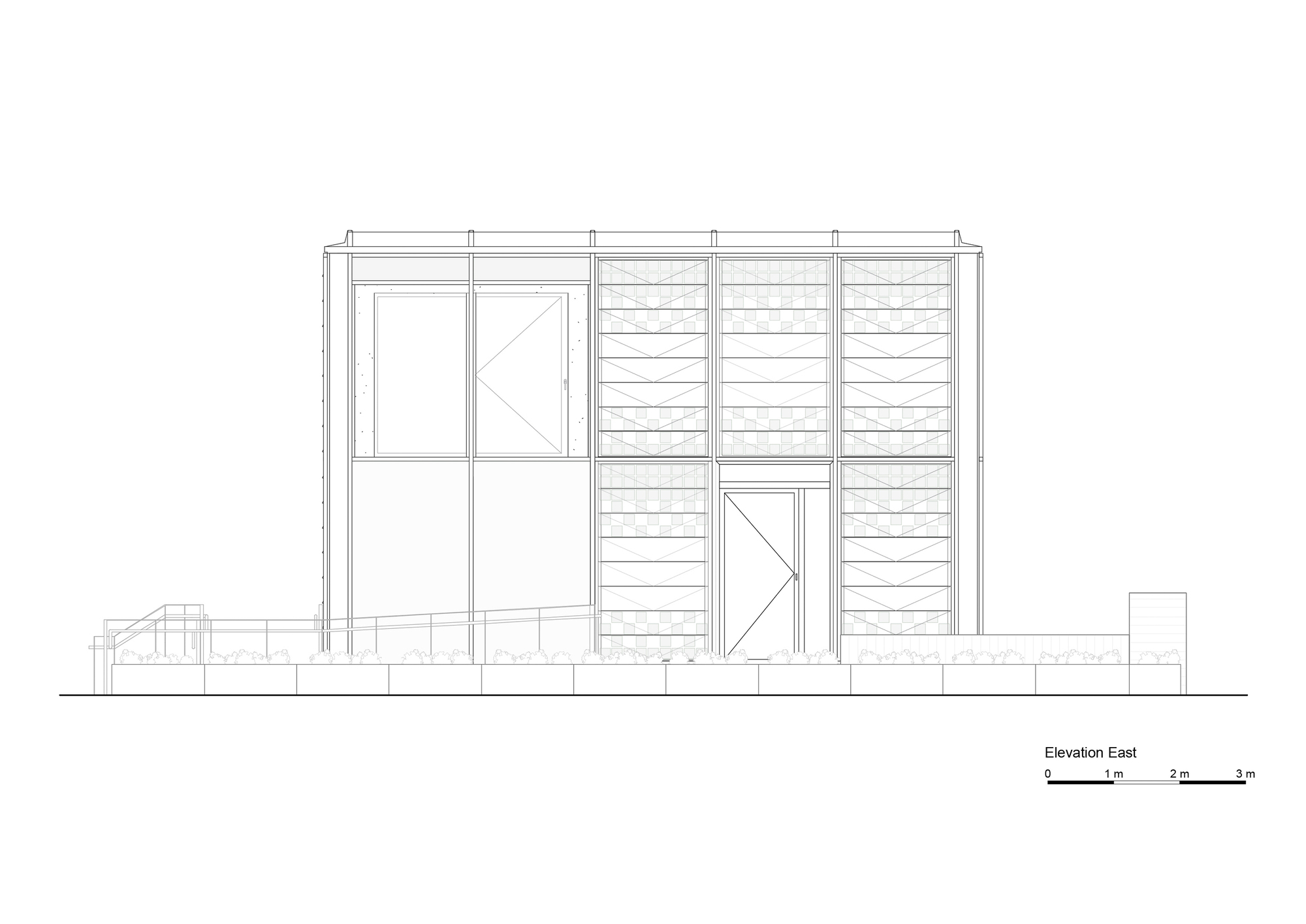 East elevation drawing showing facade with horizontal louvered panels and glazed entry on raised foundation