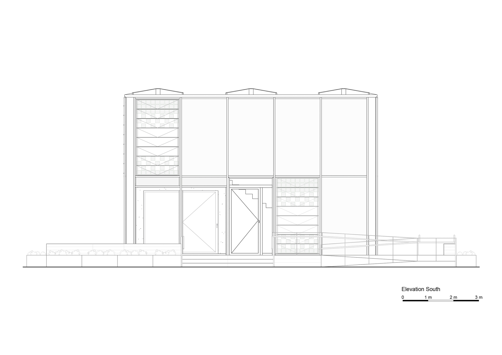South elevation drawing featuring central double doors flanked by louvered sections under three curved vault roofs