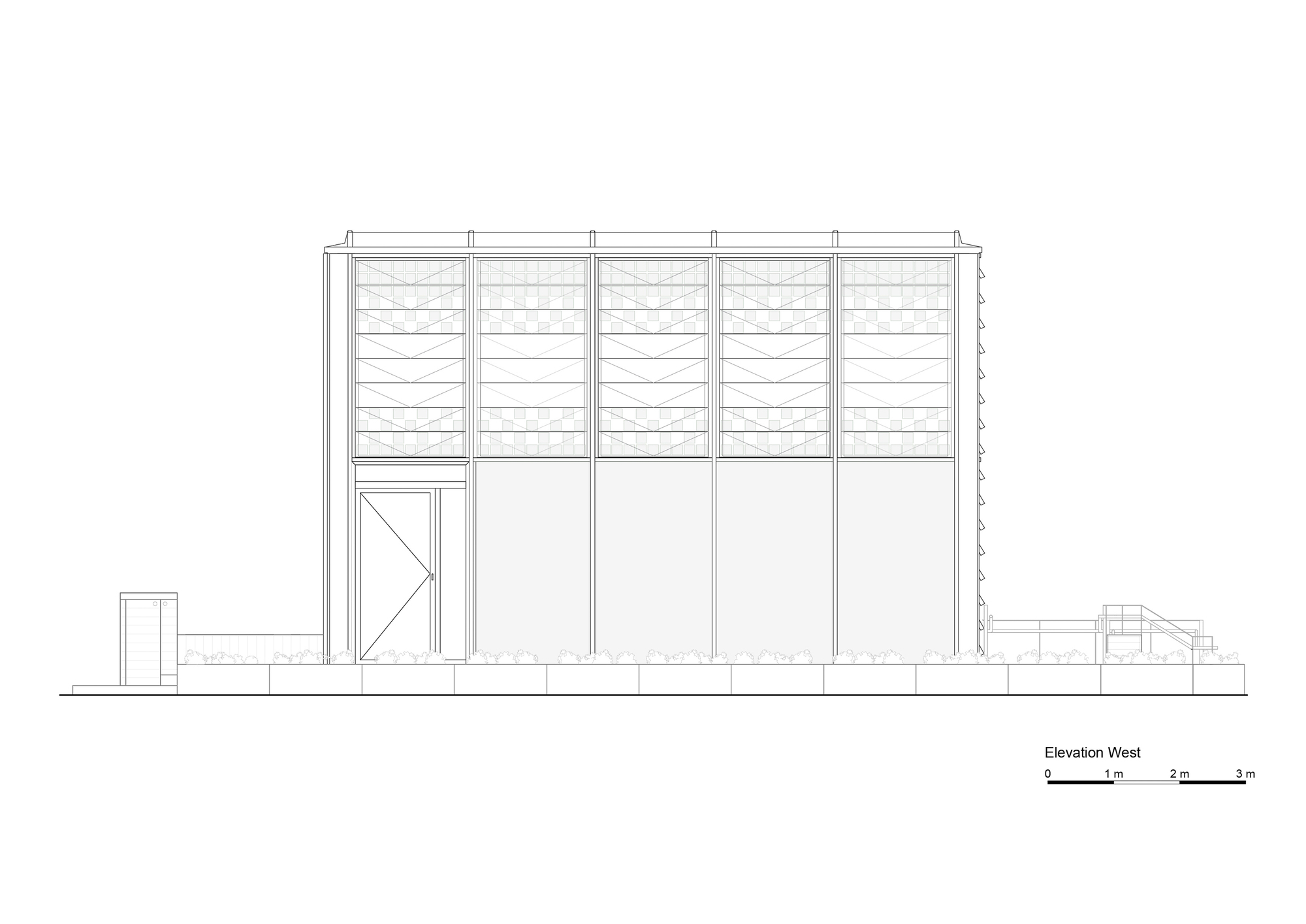 West elevation drawing displaying horizontal louvered upper panels above solid lower walls with adjacent small structures