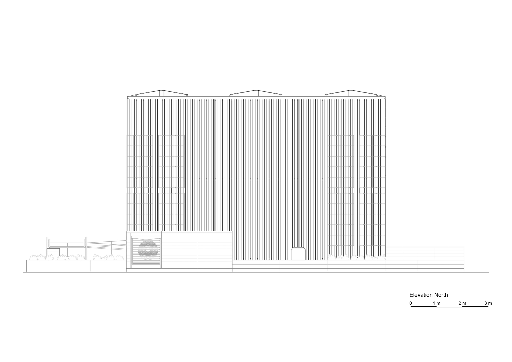 North elevation drawing showing four barrel-vaulted volumes clad in vertical corrugated metal panels