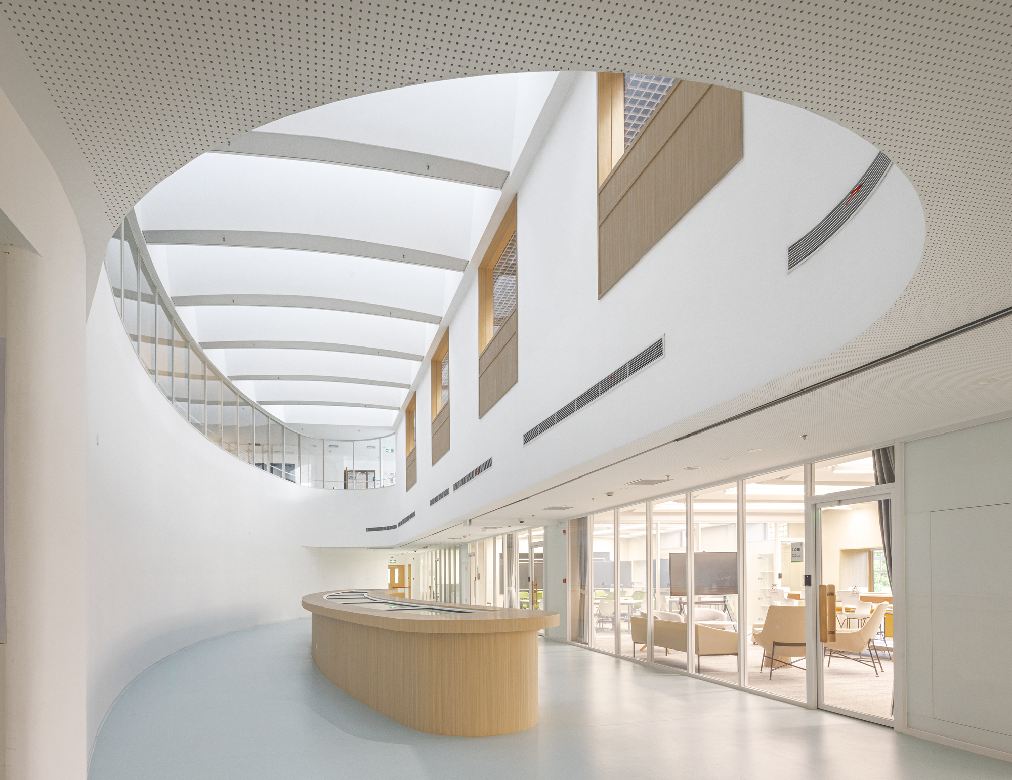 White atrium with curved timber reception desk and skylight ribs overhead