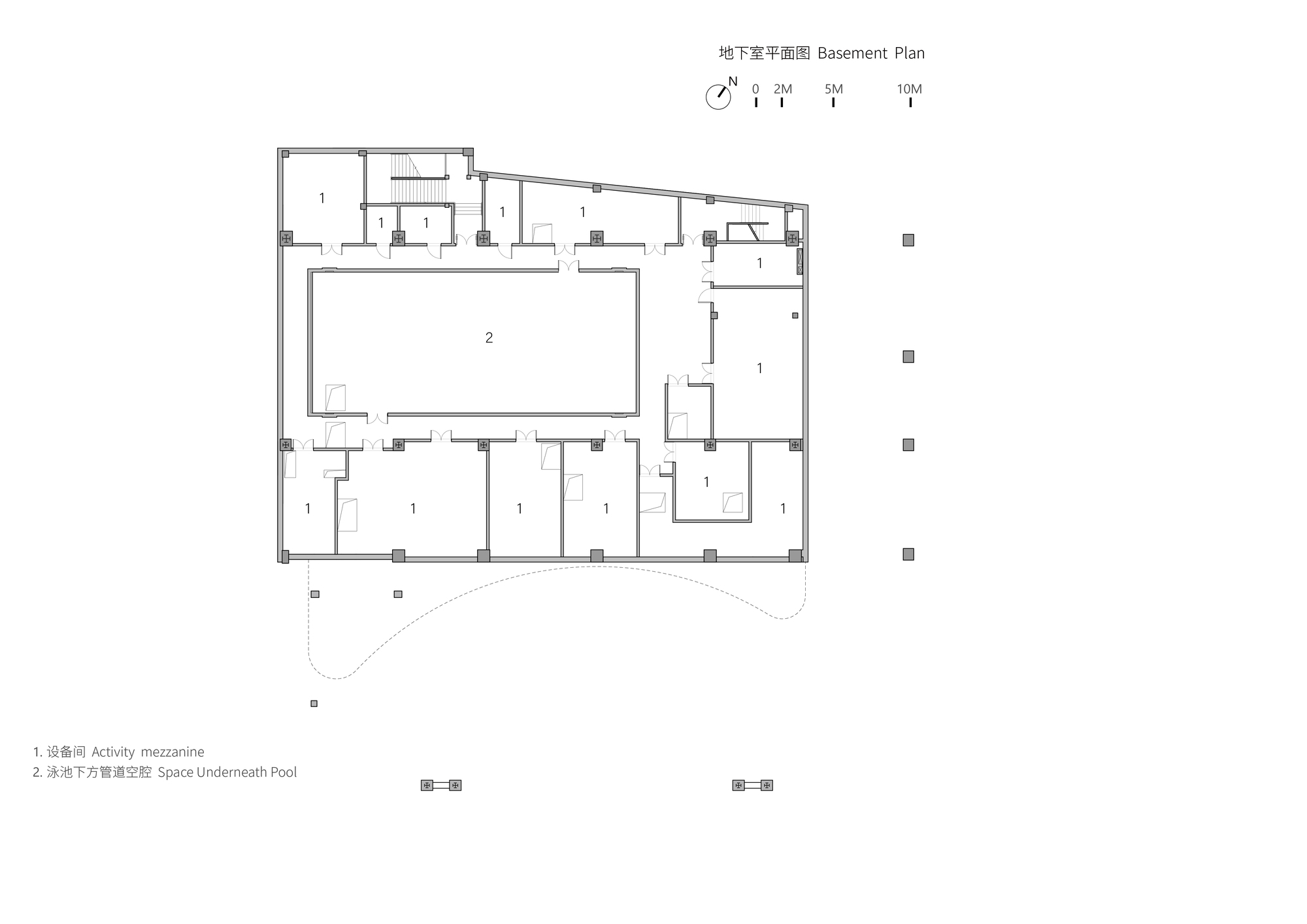 Basement plan drawing showing a central pool surrounded by service rooms and activity spaces