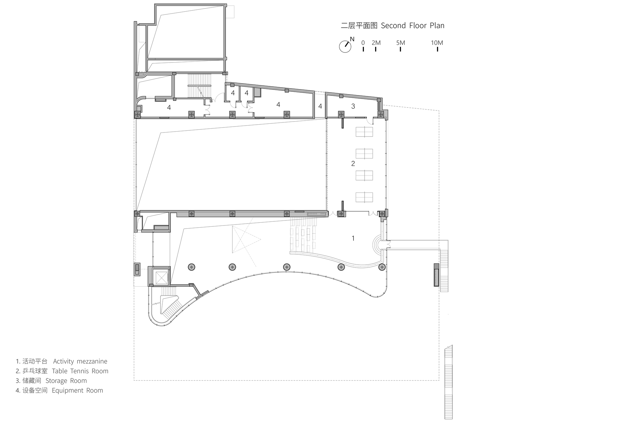 Second floor plan showing mezzanine, table tennis room, and open curved gathering space
