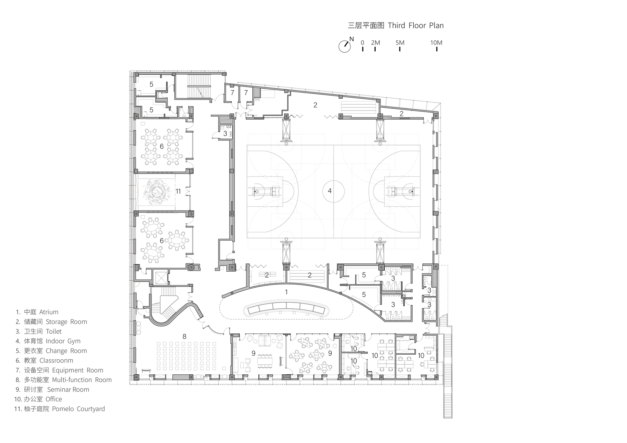 Third floor plan featuring full basketball court, atrium, and classroom spaces with curved circulation