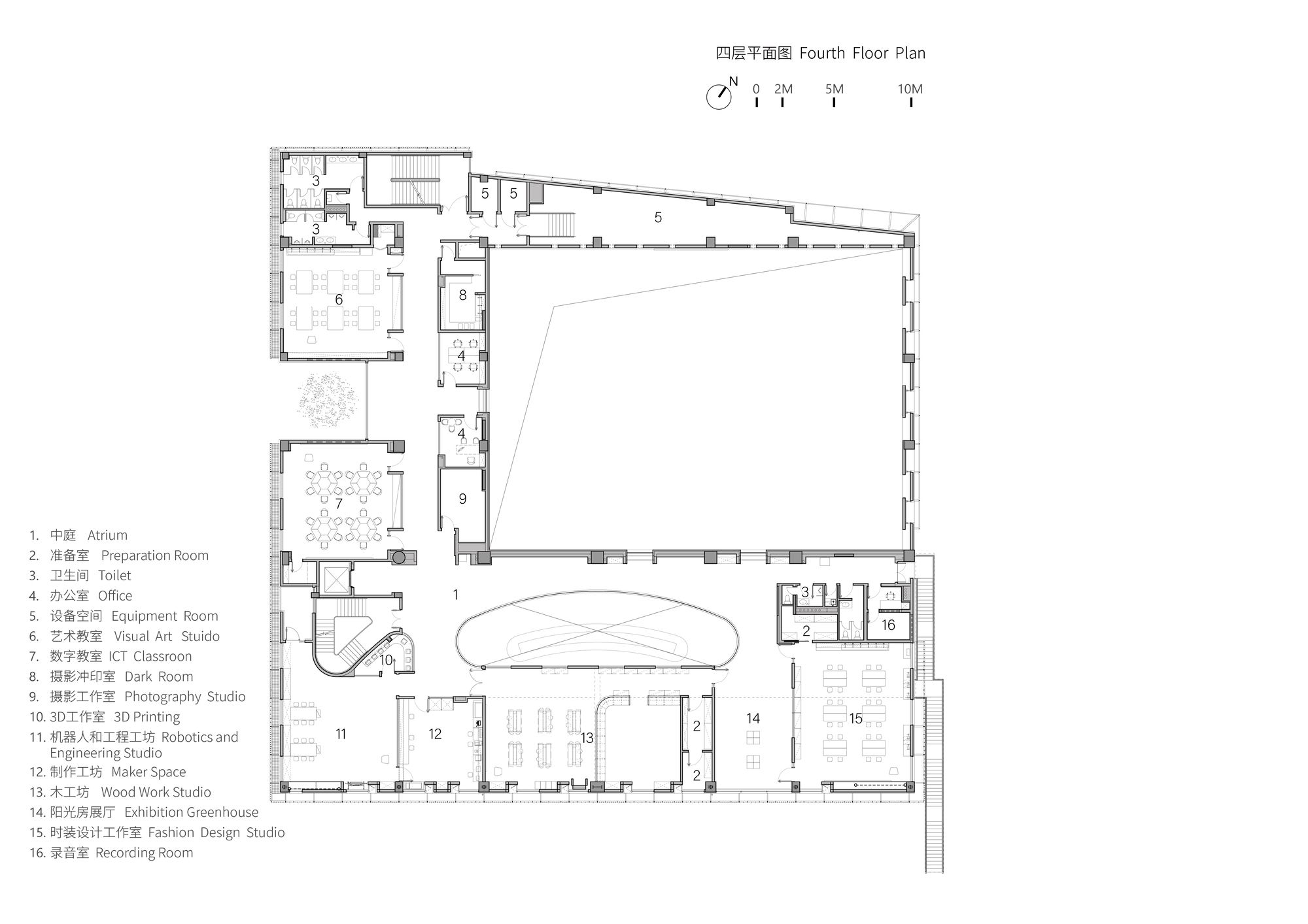 Fourth floor plan showing maker spaces, studios, offices, and exhibition greenhouse along the perimeter