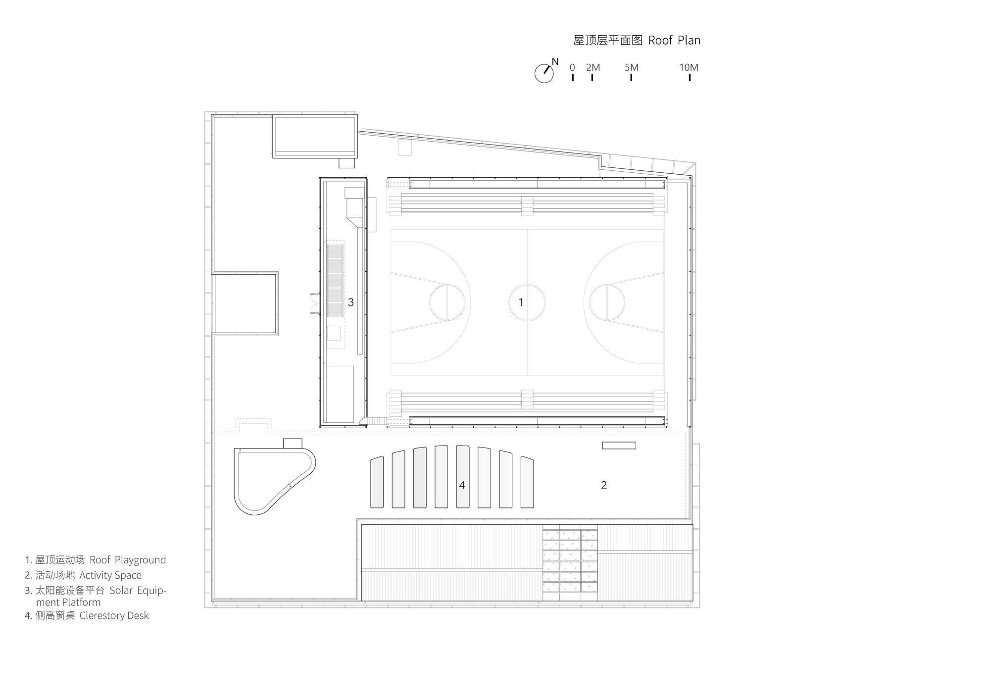 Roof plan showing basketball court, playground, solar equipment platform, and ceremonial deck