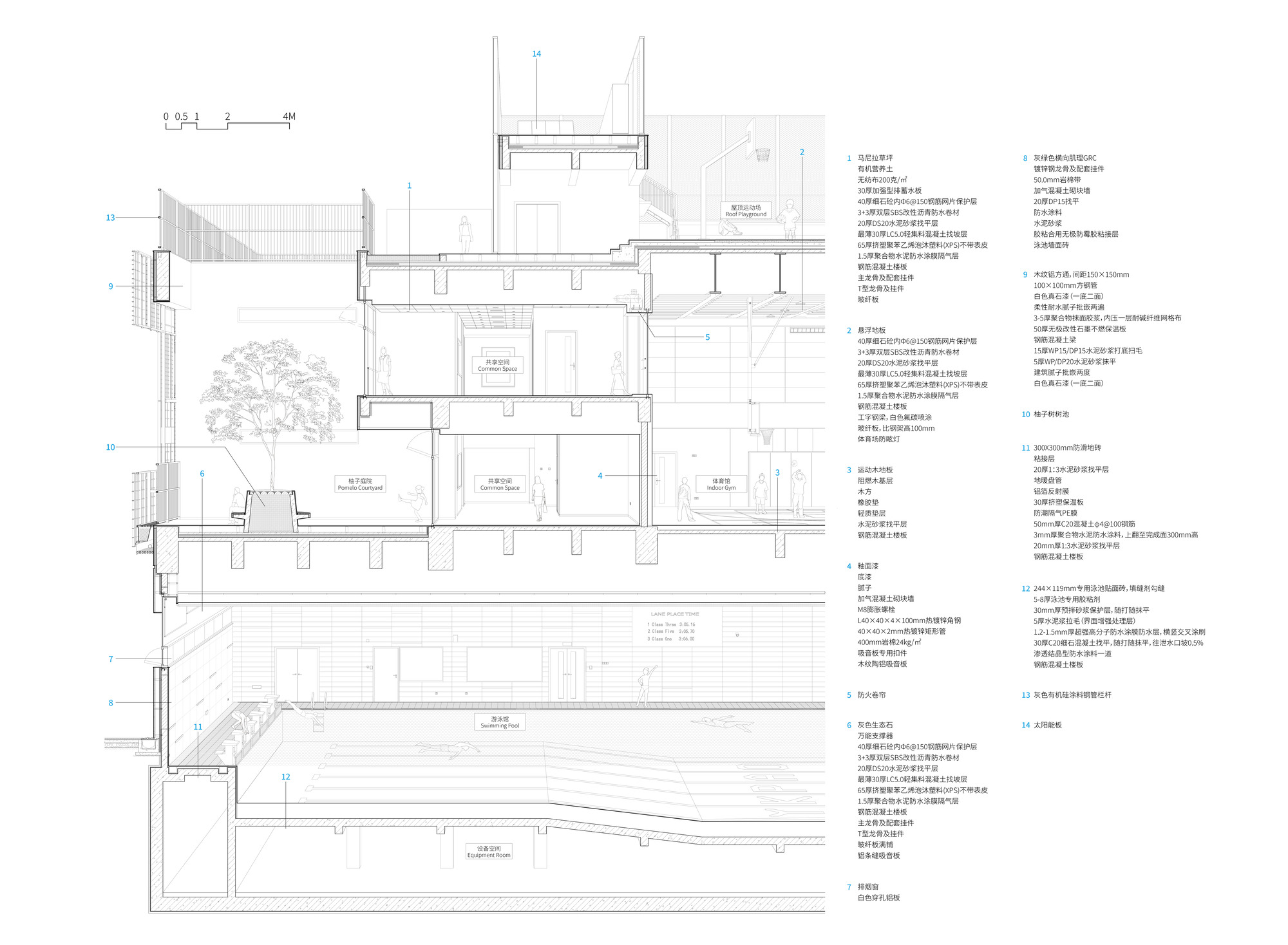 Building section drawing revealing interior spaces with courtyard tree and surrounding stepped floors