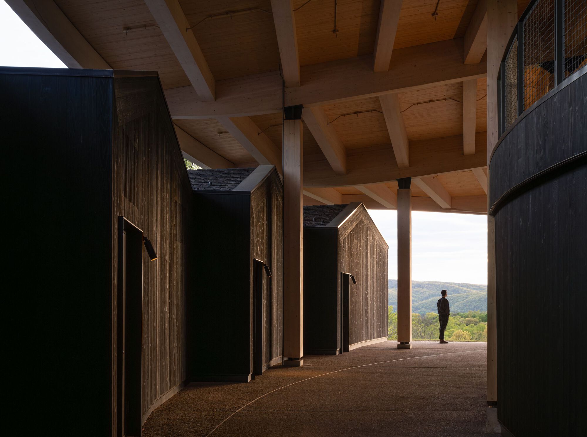 Sheltered passage with timber-clad house-shaped volumes under exposed beam ceiling and mountain view