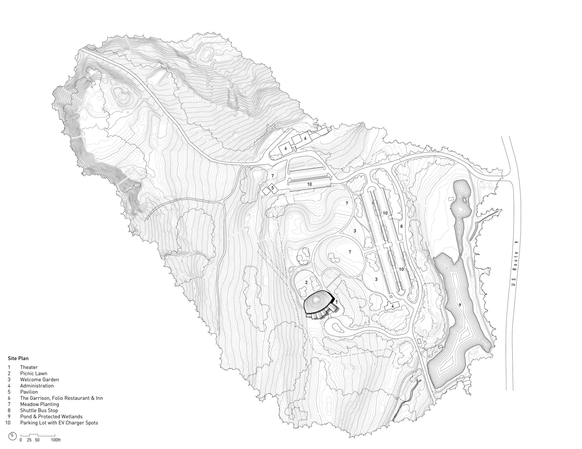 Site plan drawing showing buildings and circulation paths on a sloped topography with contour lines