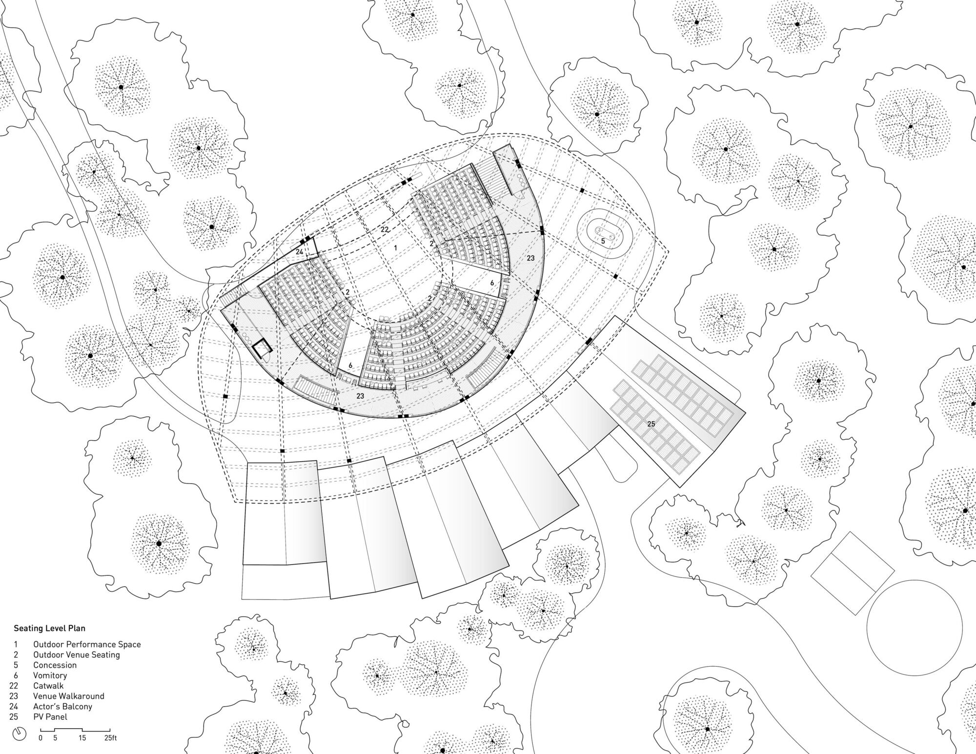 Seating level plan showing the curving performance space with tiered seating surrounded by native trees