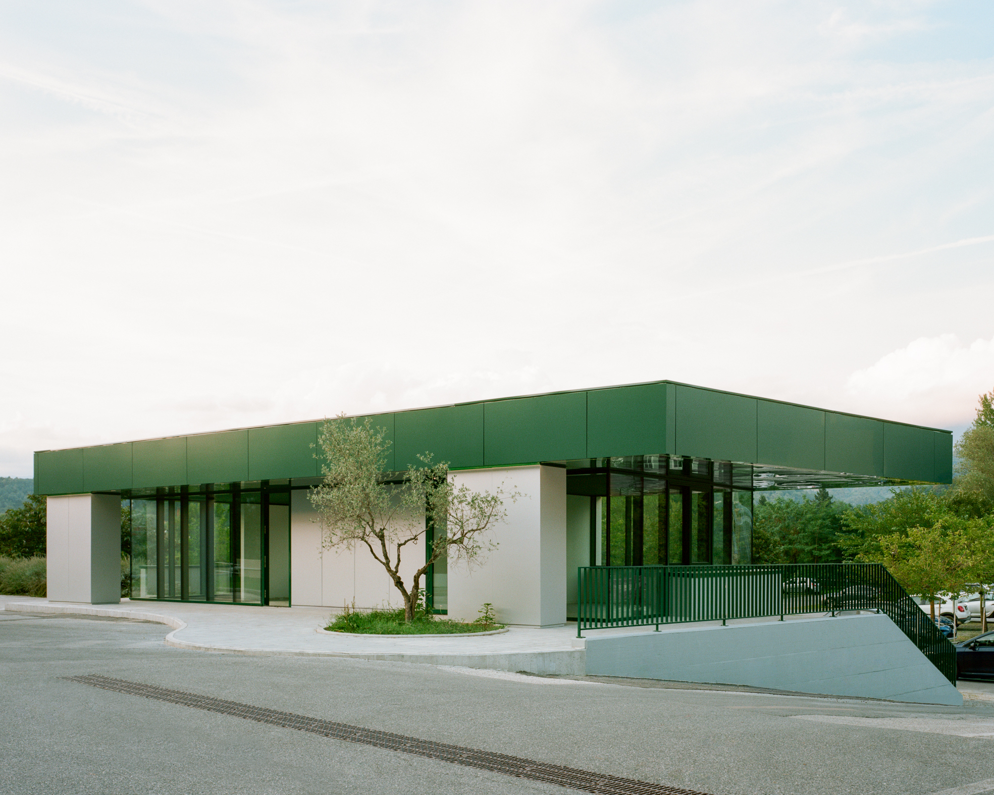 Long view of the green panel roof floating above glass and white volumes beside a roadway