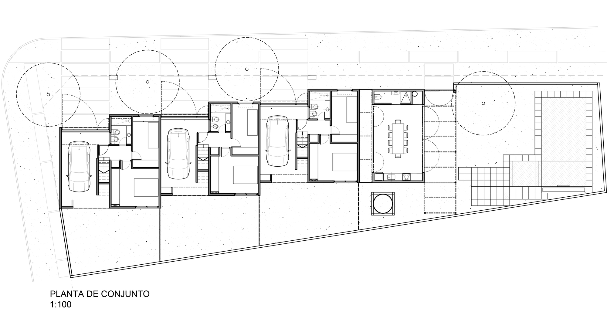Site plan drawing depicting three attached residential units with circular tree canopies and rectangular pool
