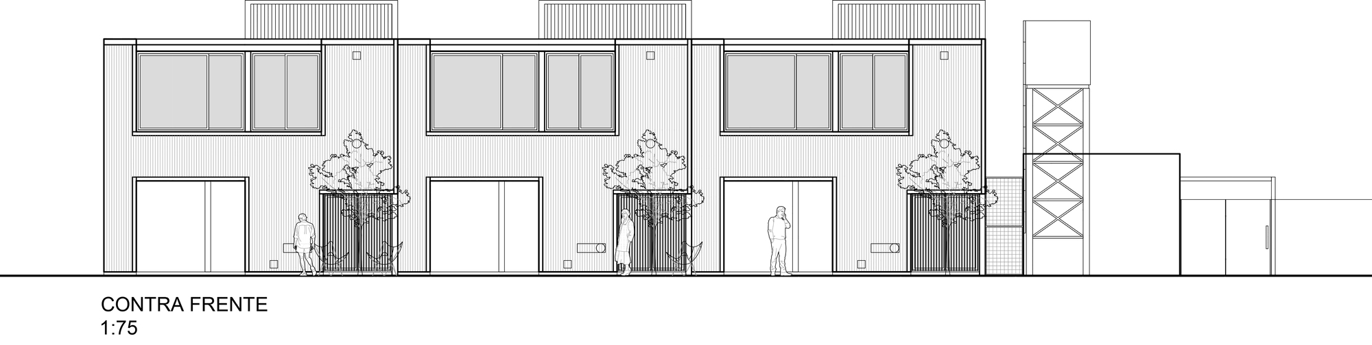 Elevation drawing showing three identical bays with upper windows and courtyard planters at ground level