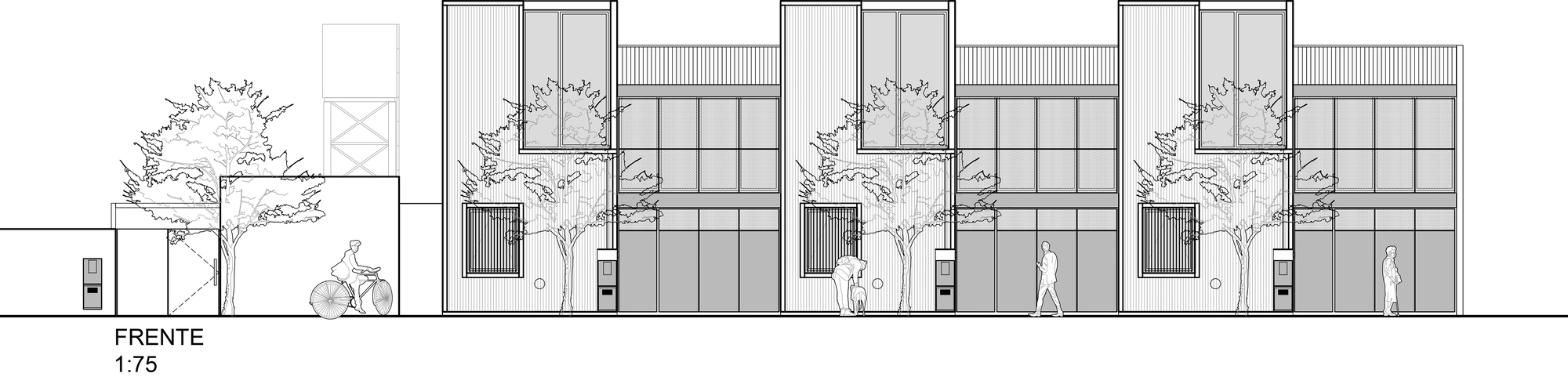 Elevation drawing showing facade with alternating glazed openings and planted courtyards between structural bays