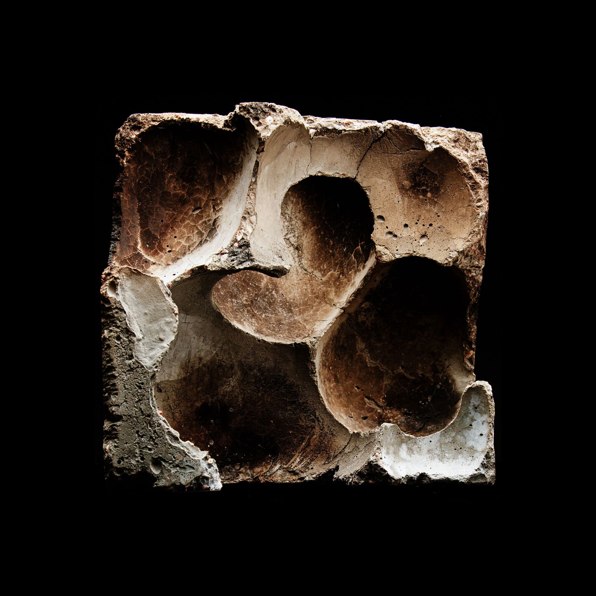 Face view of a perforated ceramic block with curved interlocking cavities