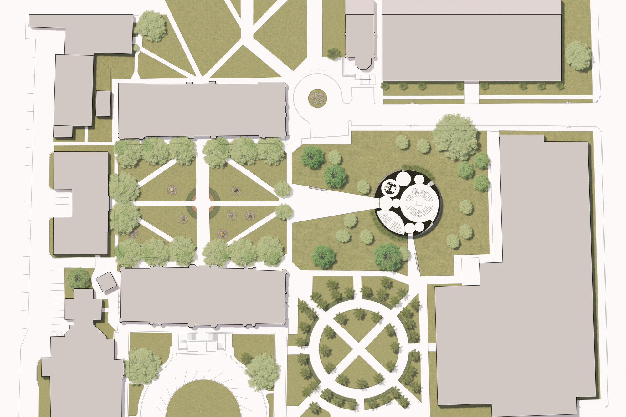 Site plan drawing showing a circular pavilion surrounded by landscaped grounds and adjacent buildings
