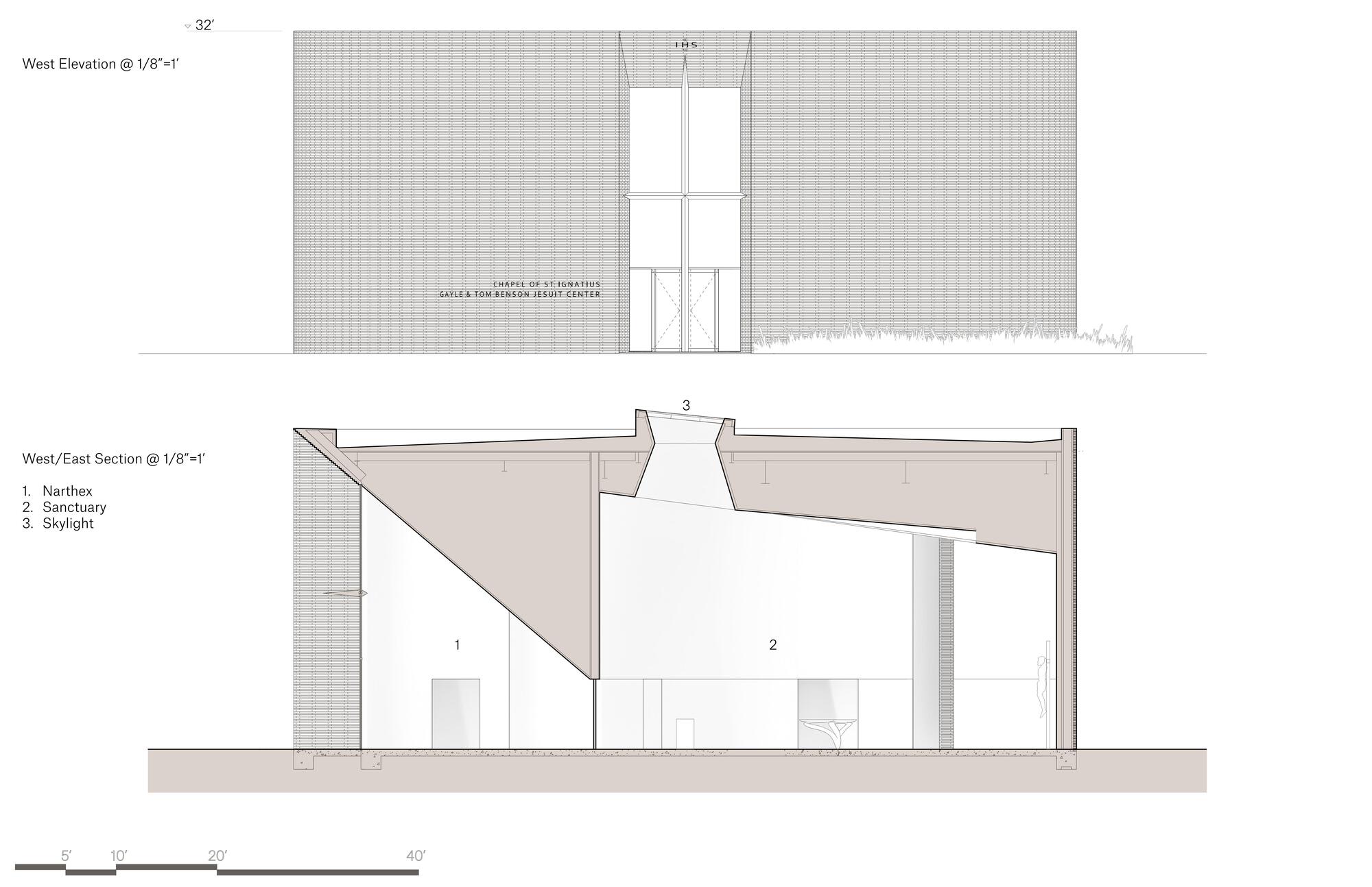 West elevation and section drawings showing the vertical ribbed facade and interior spatial volumes