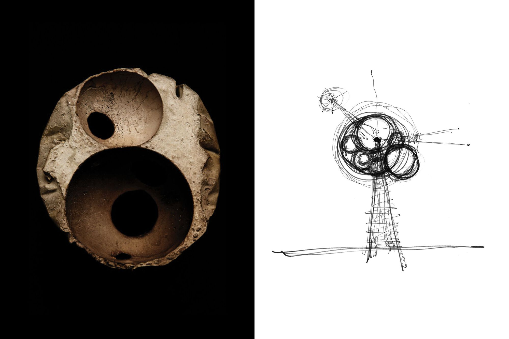 Photograph of a clay model showing circular voids paired with a freehand sketch of a vertical structure