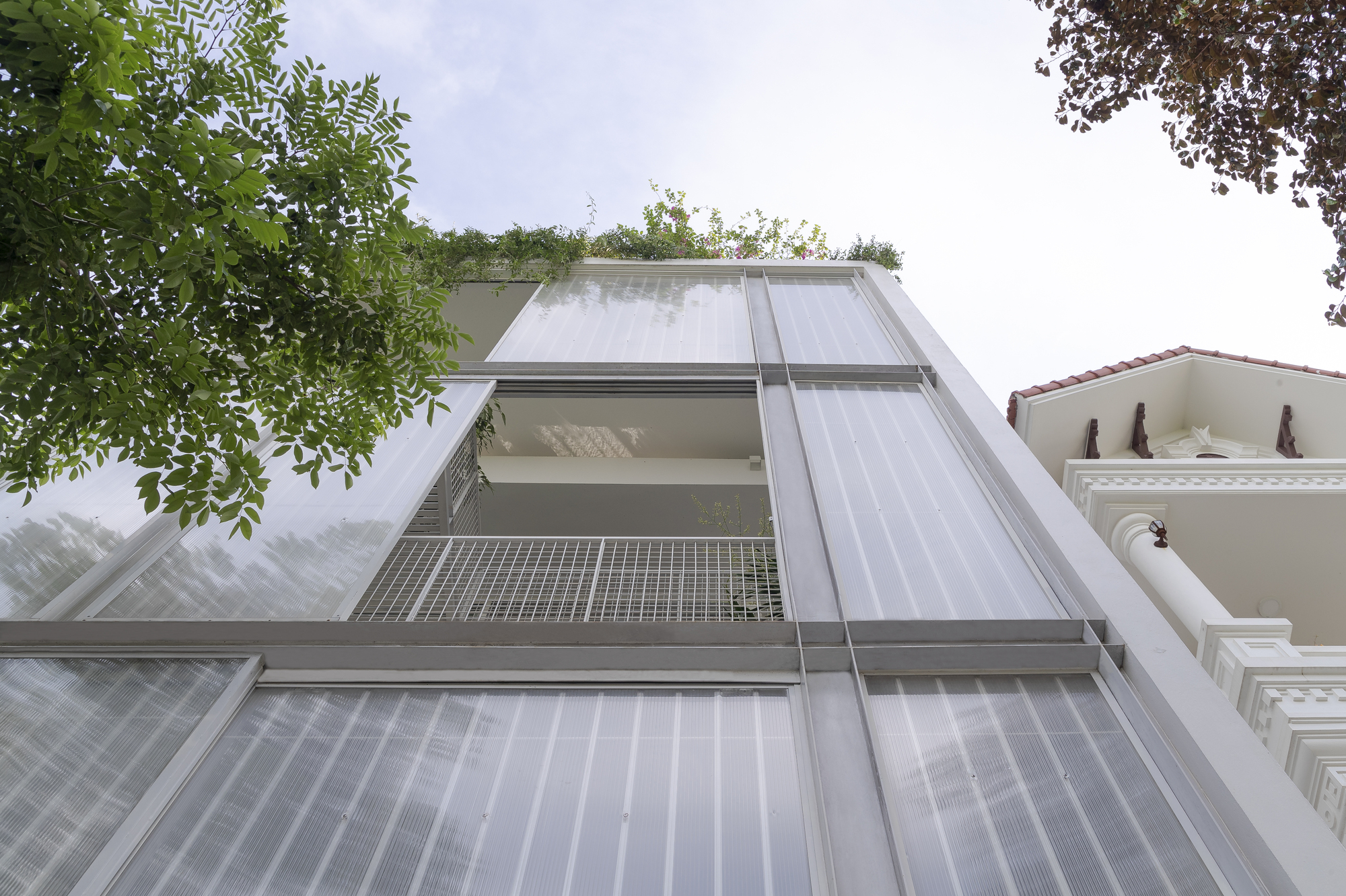 Upward view of the translucent polycarbonate and mesh facade with metal frame between tree branches