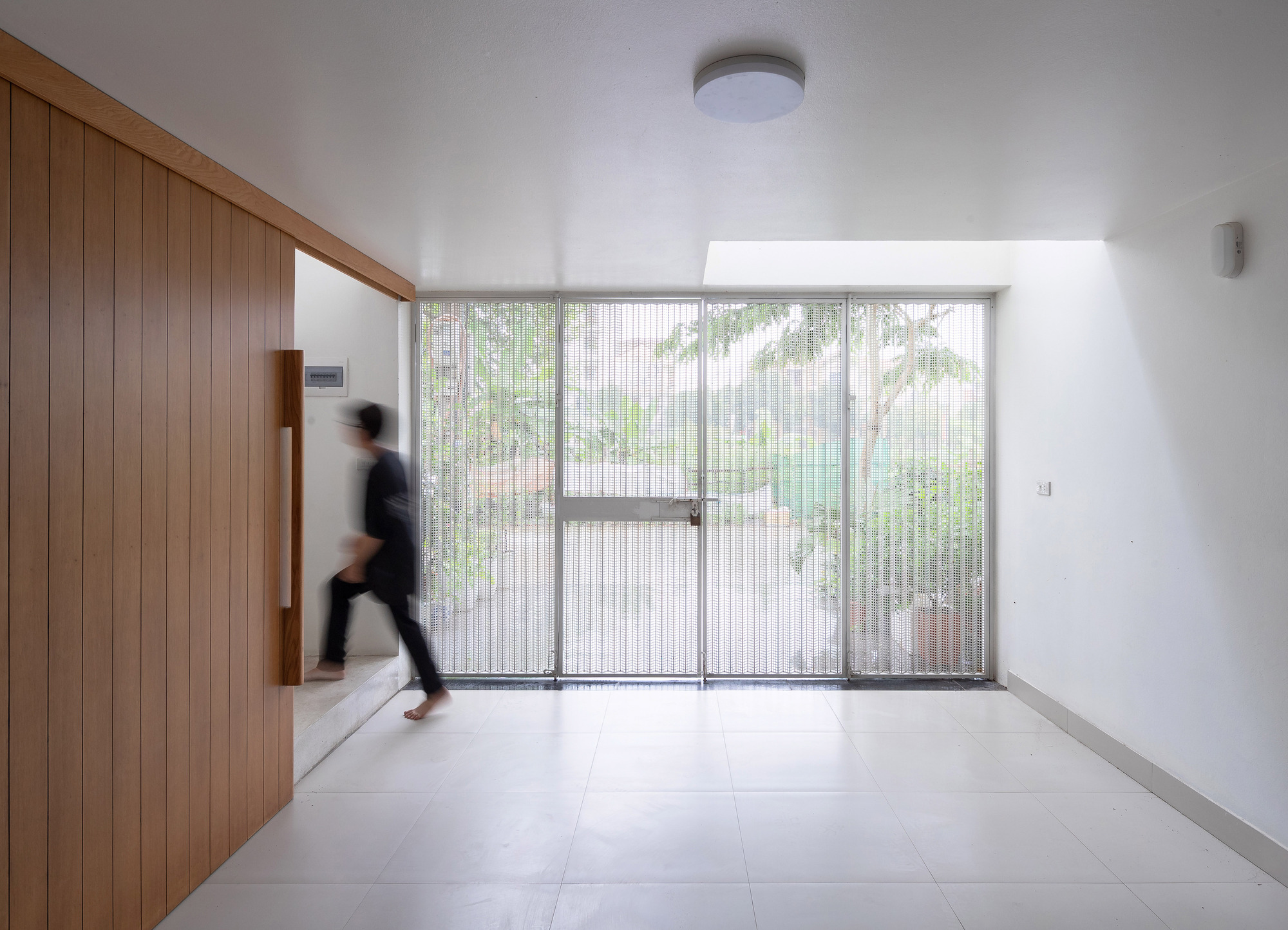 Interior foyer with vertical timber wall and fluted glass entrance doors framing a courtyard with trees