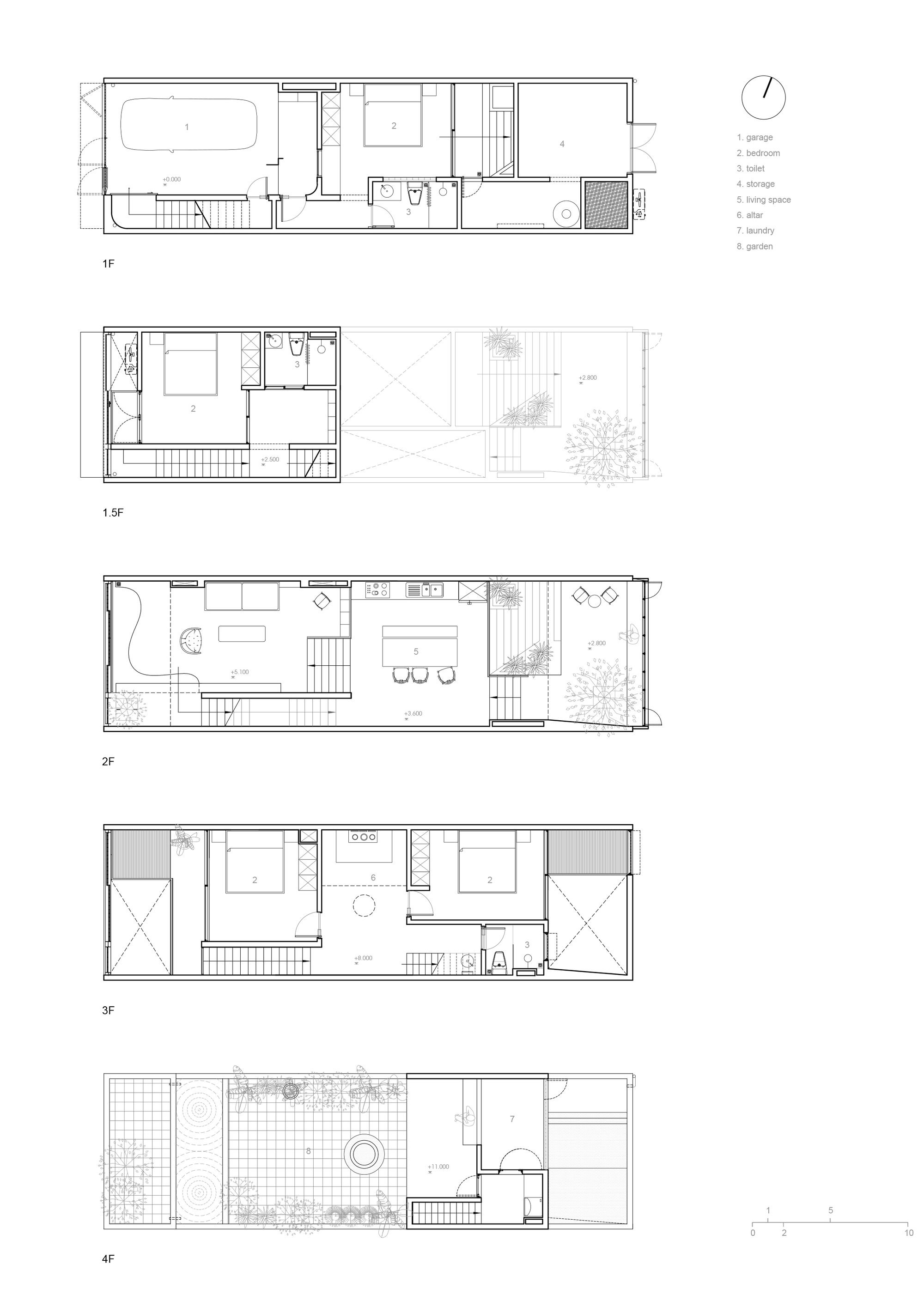 Floor plan drawing showing five stacked levels with living spaces, bedrooms, and rooftop terraces with planting