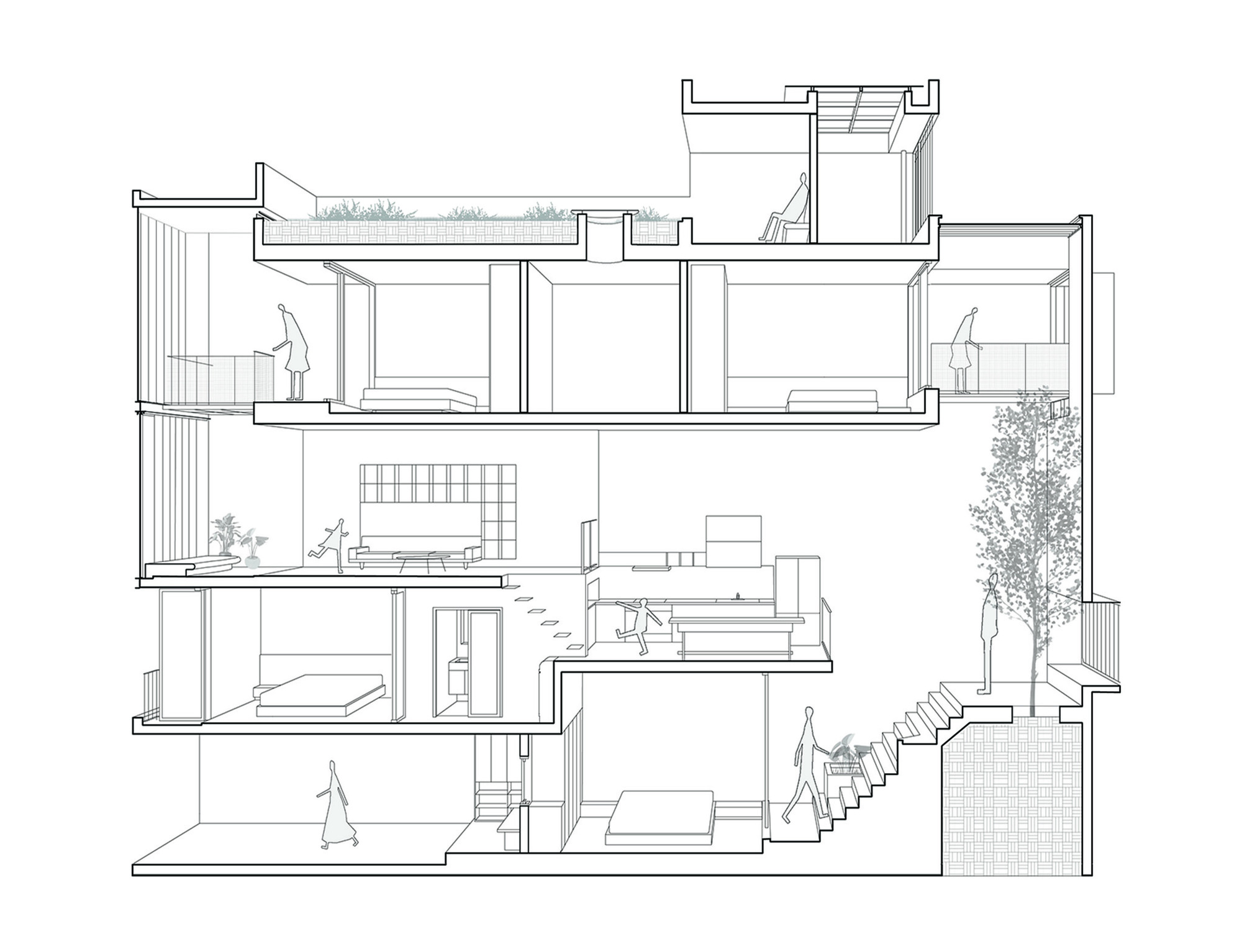 Section drawing showing split-level interior volumes with stairs, rooftop gardens, and figures indicating scale