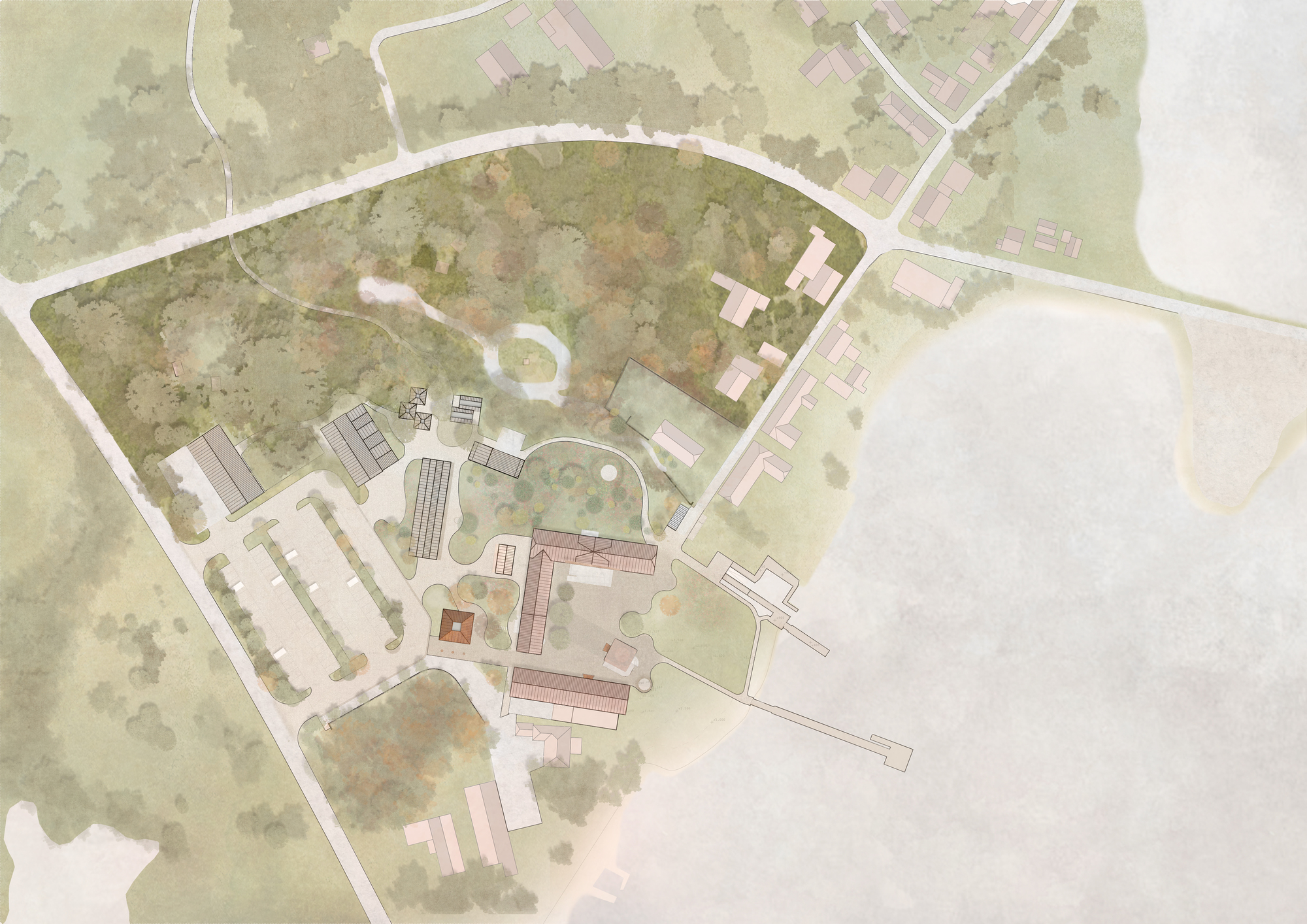 Site plan drawing showing building cluster with pathways, trees, and surrounding landscape in watercolor rendering