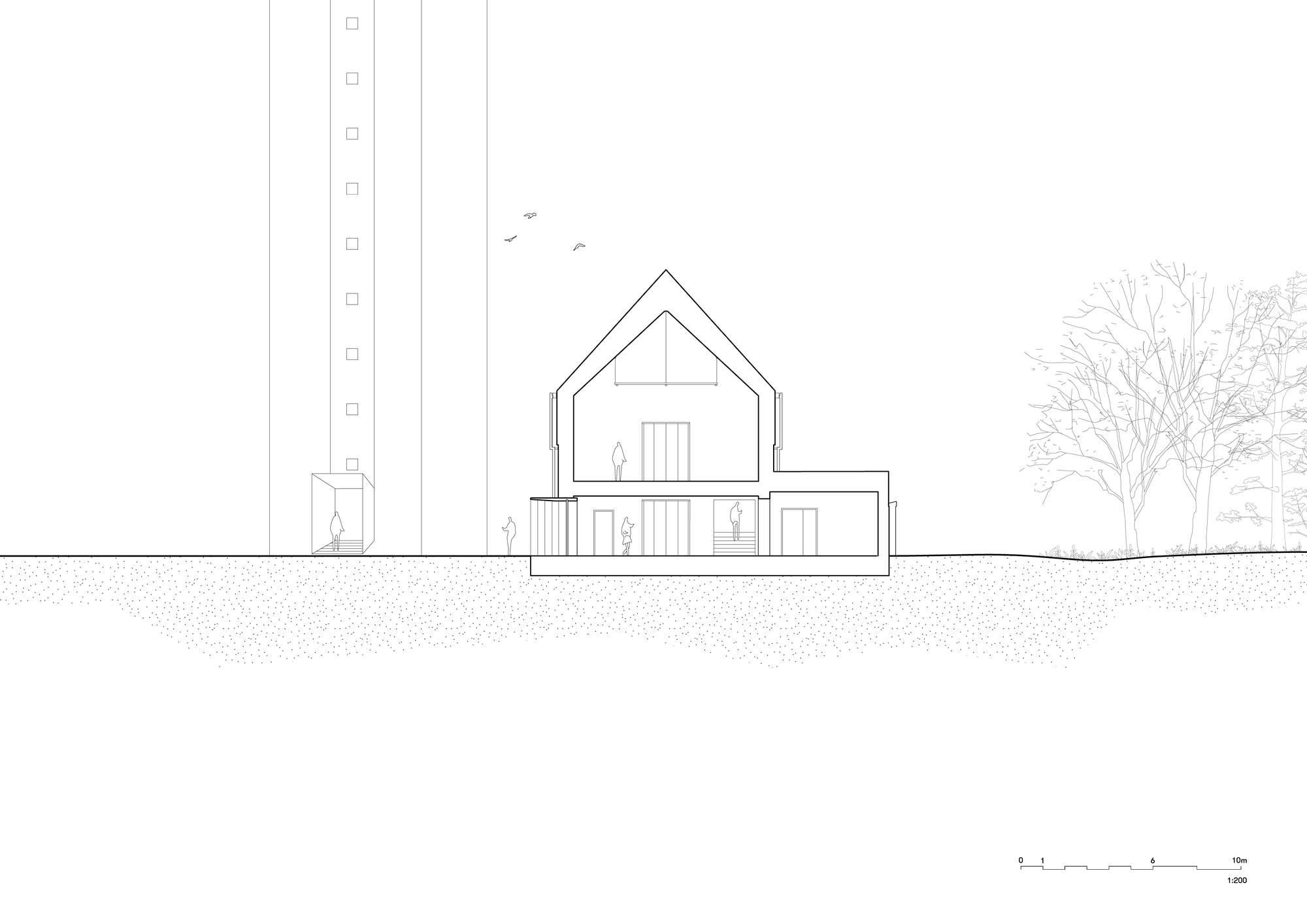 Elevation drawing showing a gabled house form with an adjacent tower and trees