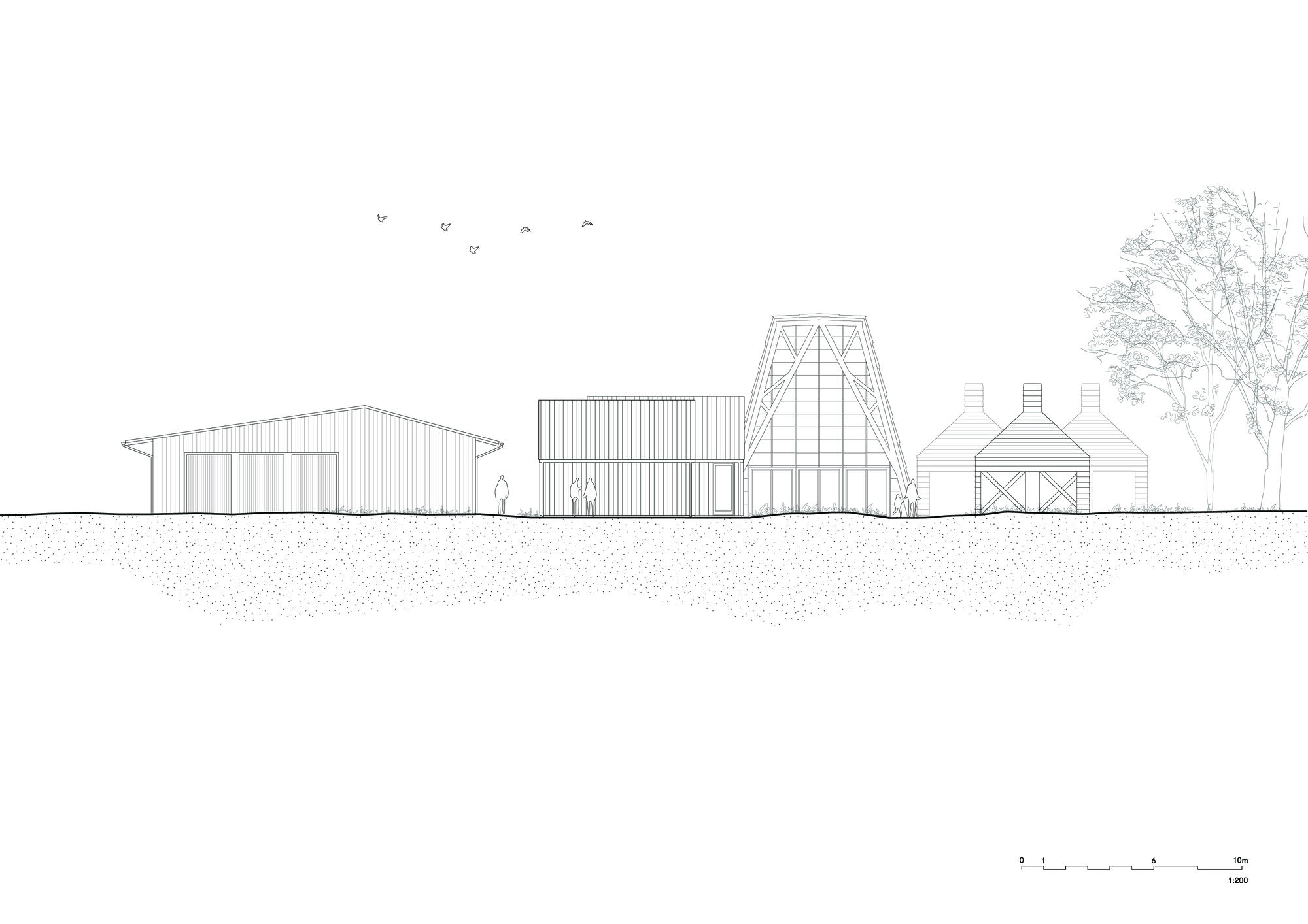 Elevation drawing showing a cluster of gabled volumes including a glazed tower structure